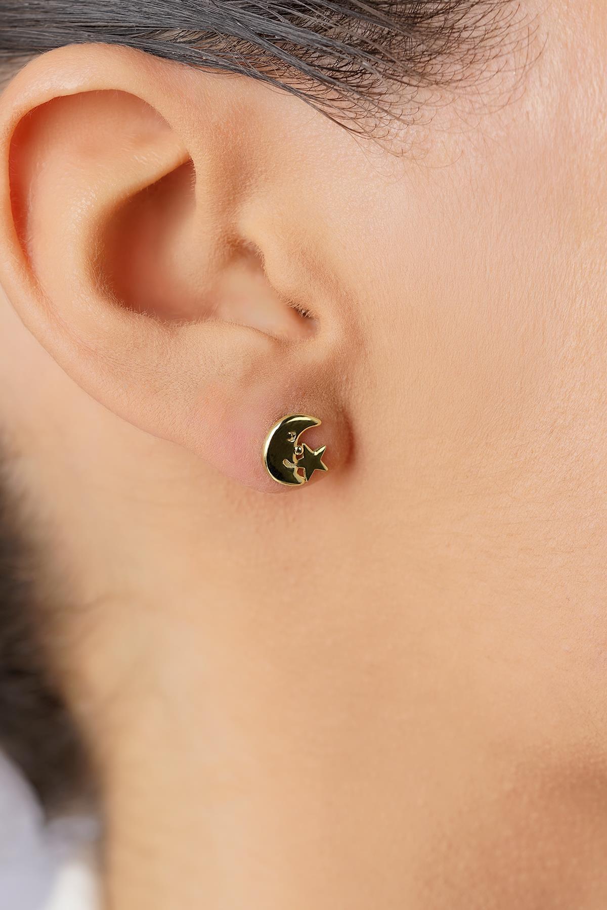 14 Ayar Altın Tasarım Ay Yıldız Küpe - Fiyonk Kuyumculuk (1)