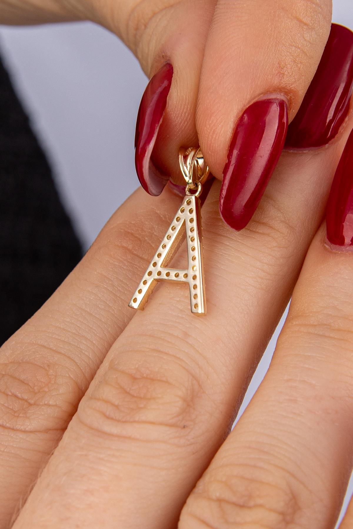 14 Ayar Altın Taşlı A Harf Kolye Ucu - Fiyonk Kuyumculuk (1)