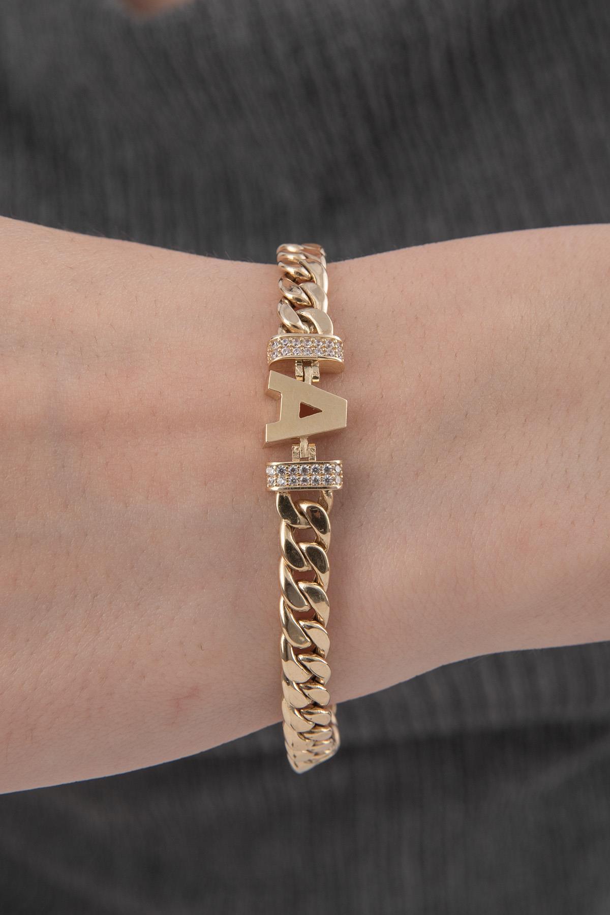 14 Ayar Altın Taşlı A Harfli Gurmet Bileklik - Fiyonk Kuyumculuk