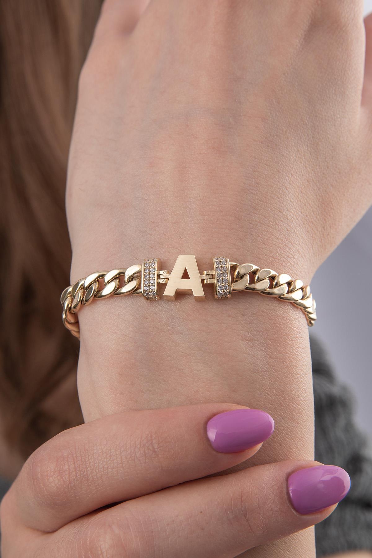 14 Ayar Altın Taşlı A Harfli Gurmet Bileklik - Fiyonk Kuyumculuk (1)