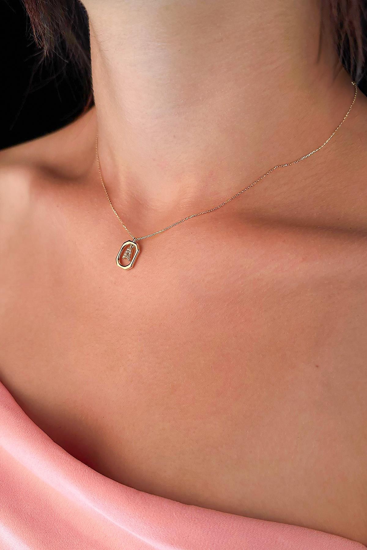 14 Ayar Altın Taşlı A Harfli Kolye - Fiyonk Kuyumculuk (1)