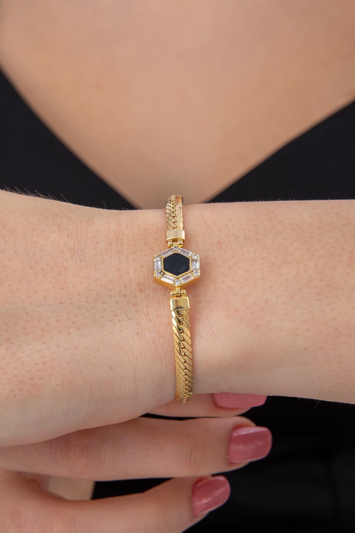 14 Ayar Altın Taşlı Altıgen Balıksırtı Bileklik - Fiyonk Kuyumculuk (1)