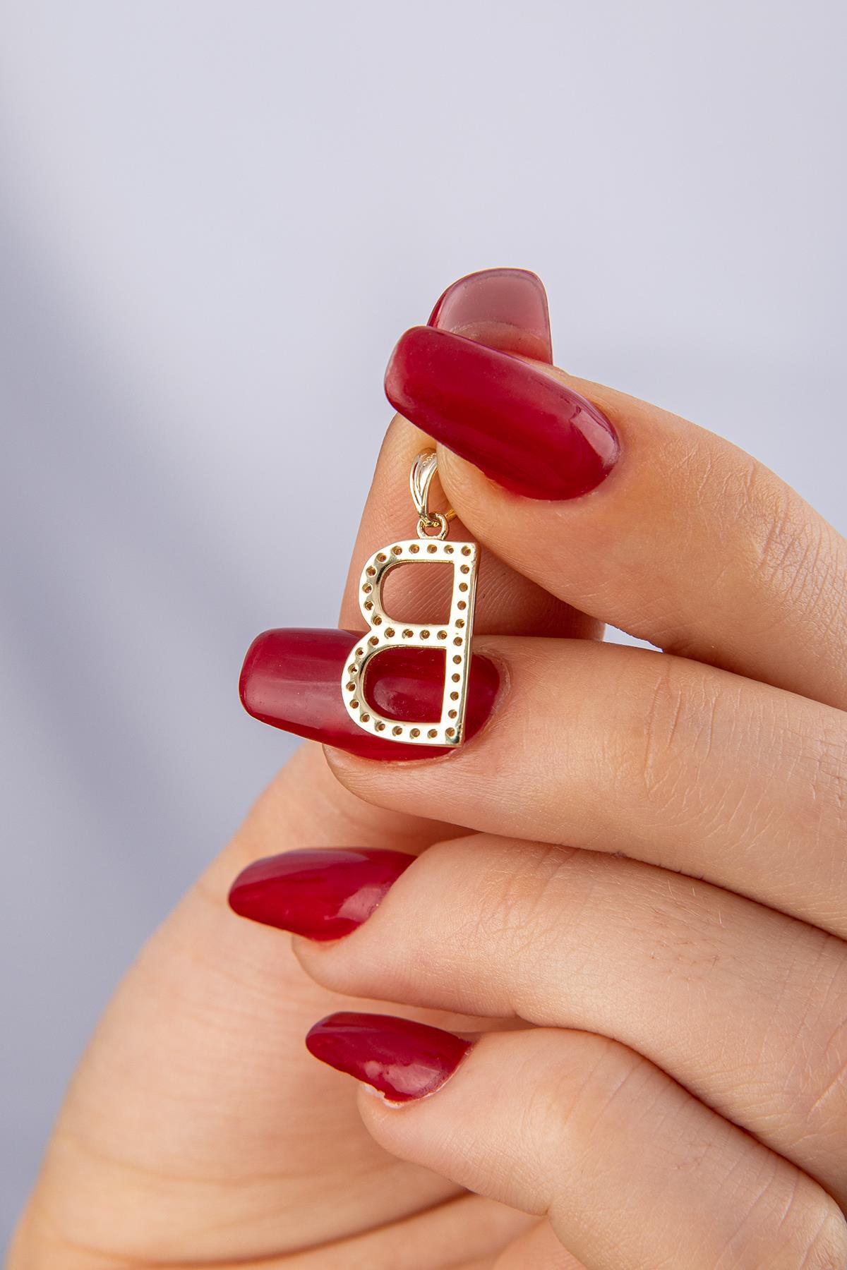 14 Ayar Altın Taşlı B Harf Kolye Ucu - Fiyonk Kuyumculuk (1)