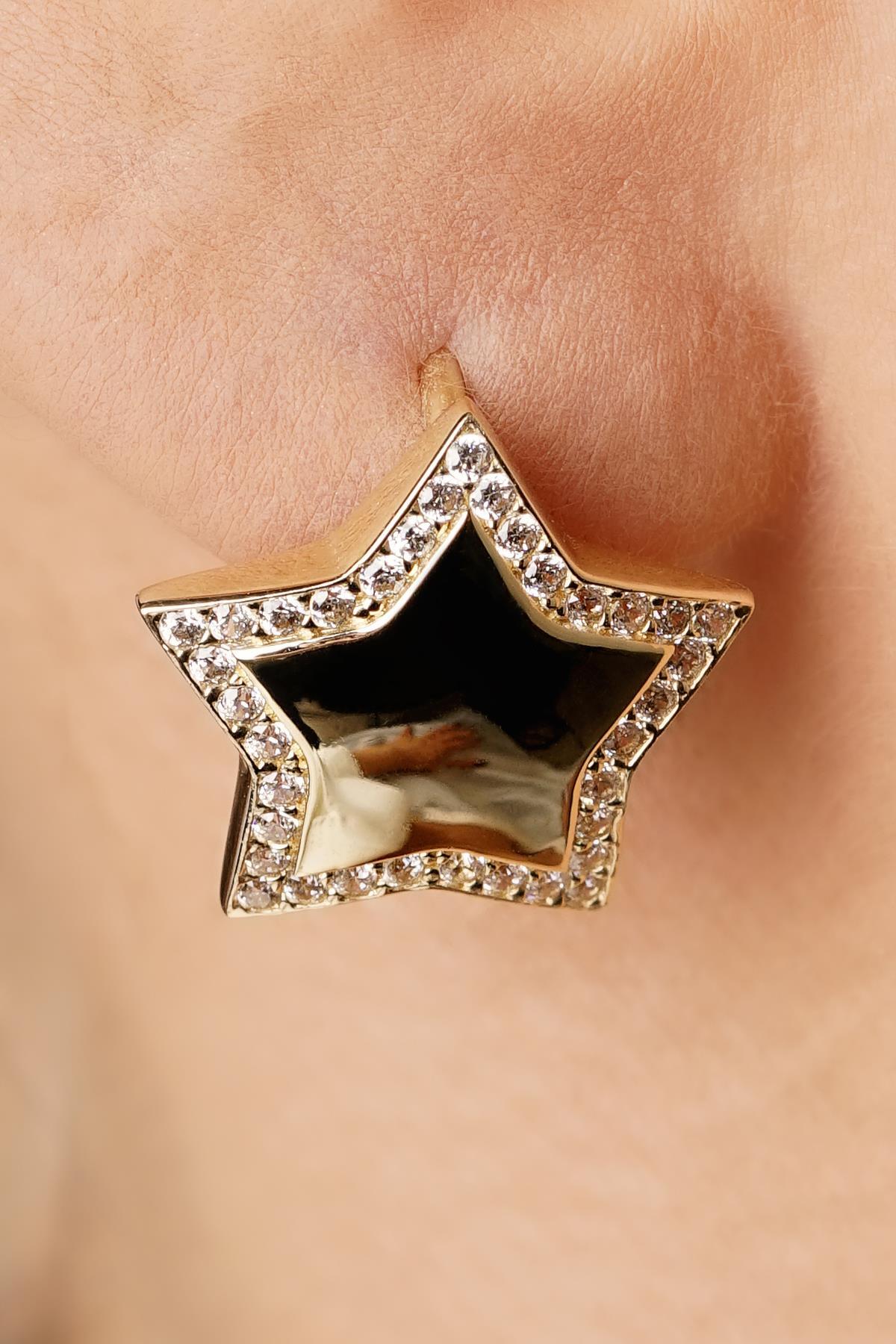 14 Ayar Altın Taşlı Bombeli Yıldız Küpe - Fiyonk Kuyumculuk (1)