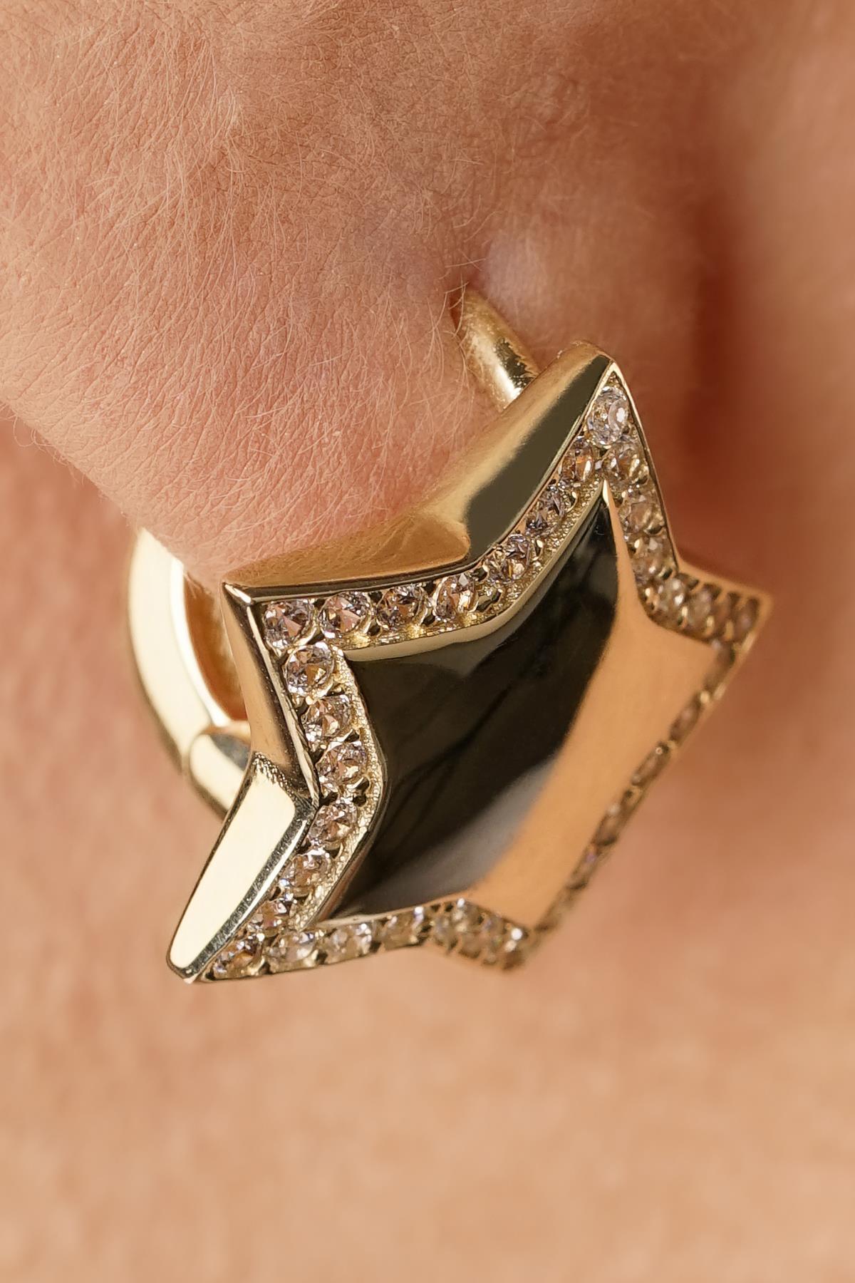 14 Ayar Altın Taşlı Bombeli Yıldız Küpe - Fiyonk Kuyumculuk (1)