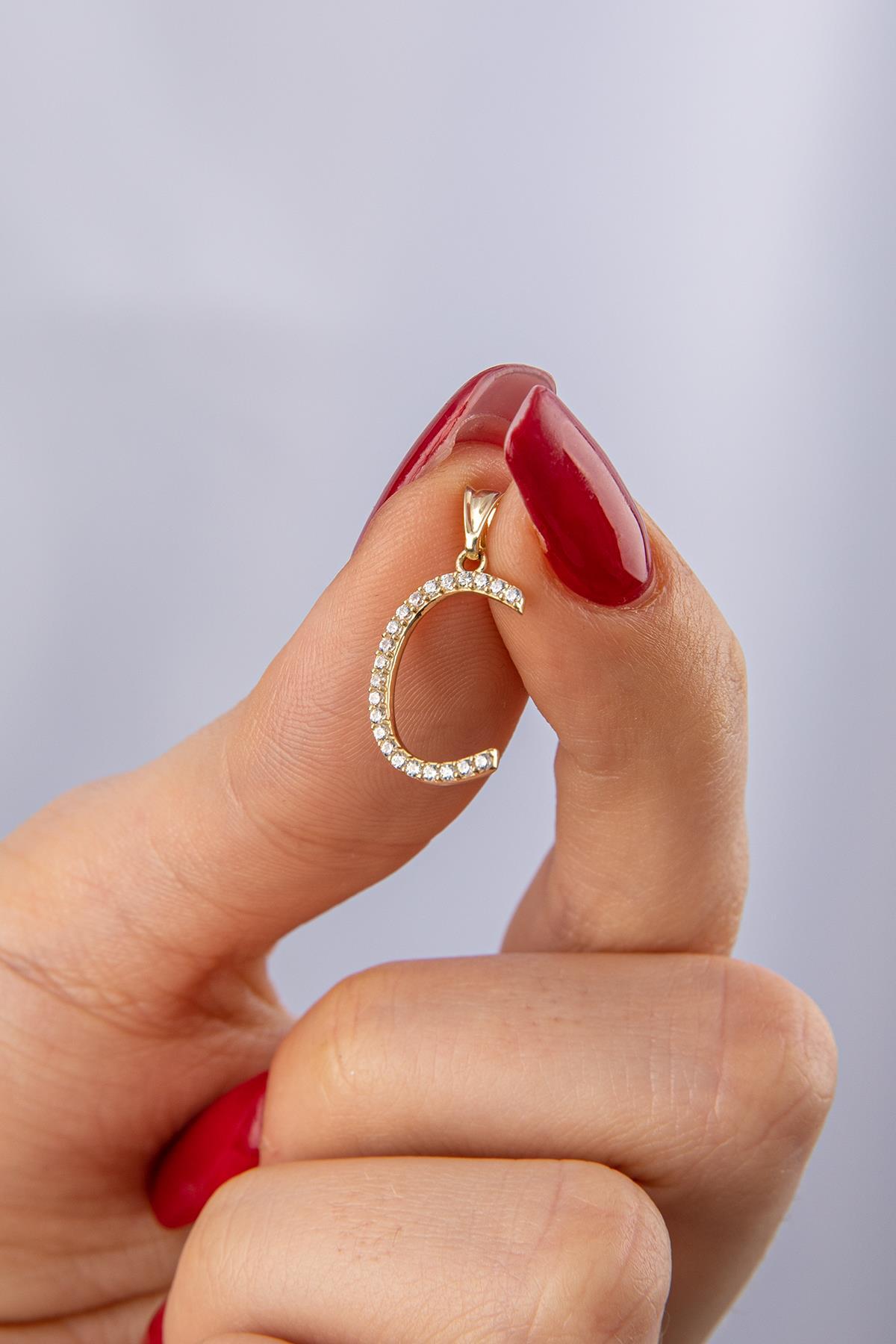 14 Ayar Altın Taşlı C Harf Kolye Ucu - Fiyonk Kuyumculuk