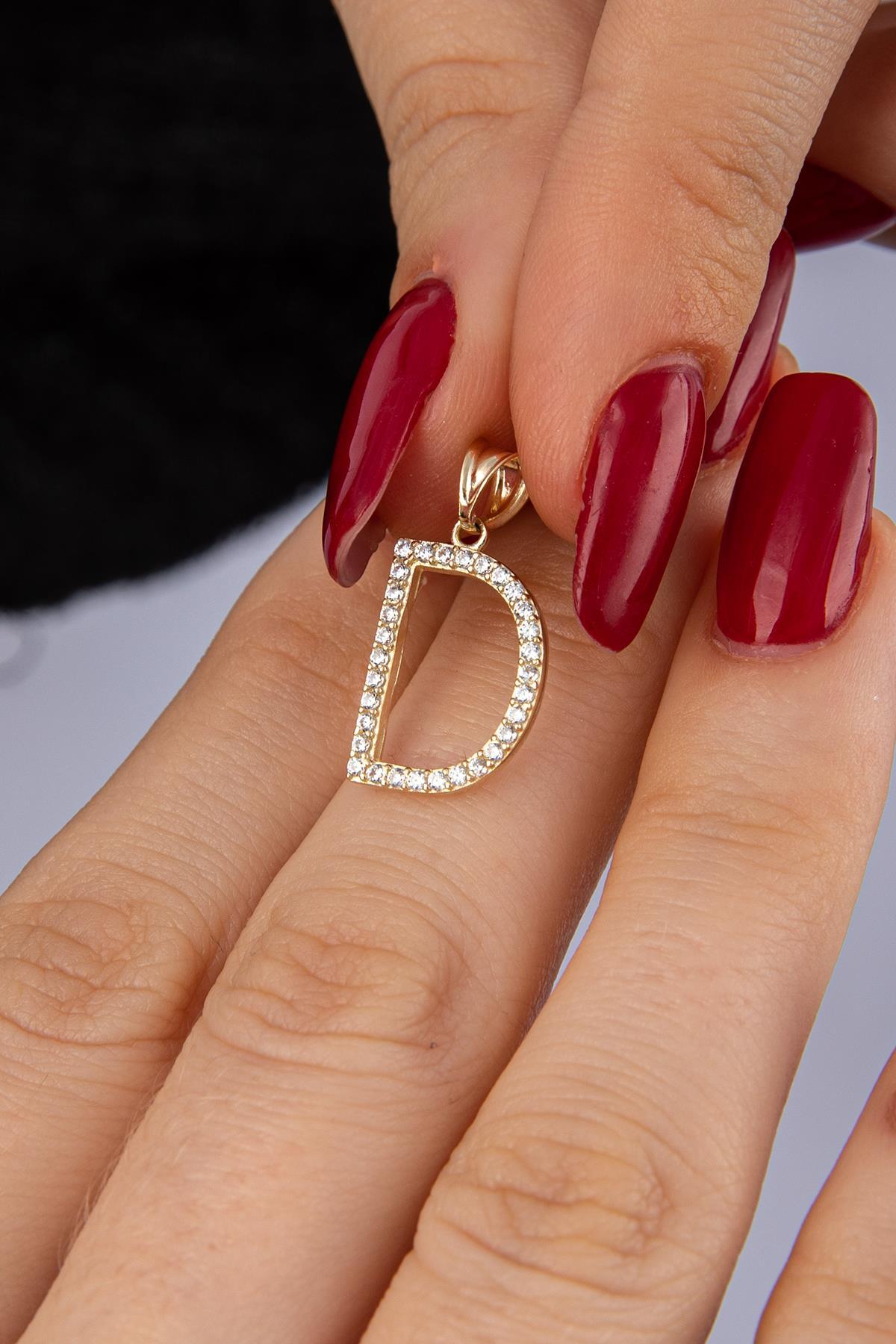 14 Ayar Altın Taşlı D Harf Kolye Ucu - Fiyonk Kuyumculuk