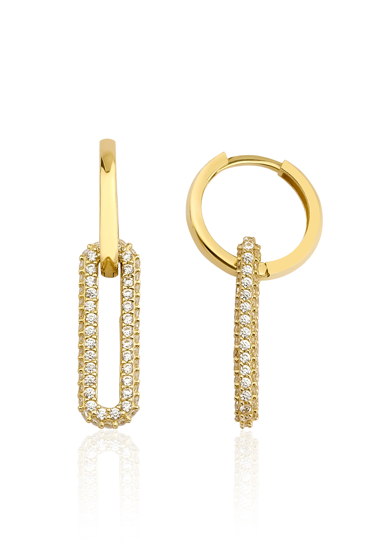 14 Ayar Altın Taşlı Dikdörtgen Sallantılı Halka Küpe - Fiyonk Kuyumculuk