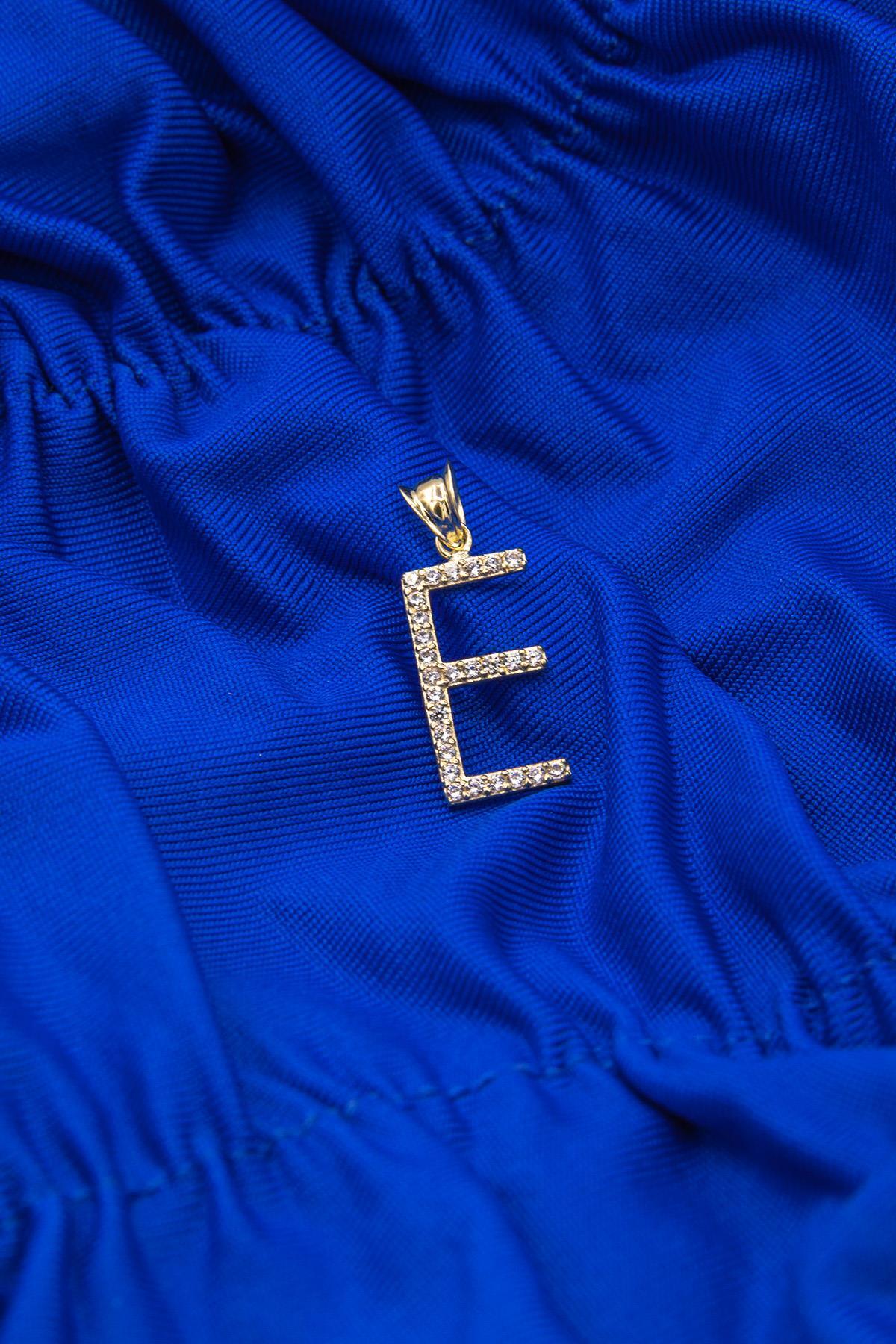 14 Ayar Altın Taşlı E Harf Kolye Ucu - Fiyonk Kuyumculuk (1)