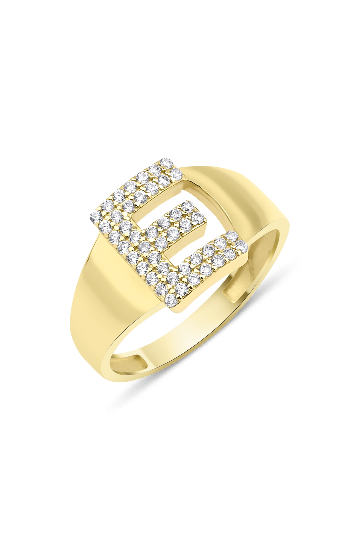 14 Ayar Altın Taşlı E Harfli Yüzük - Fiyonk Kuyumculuk