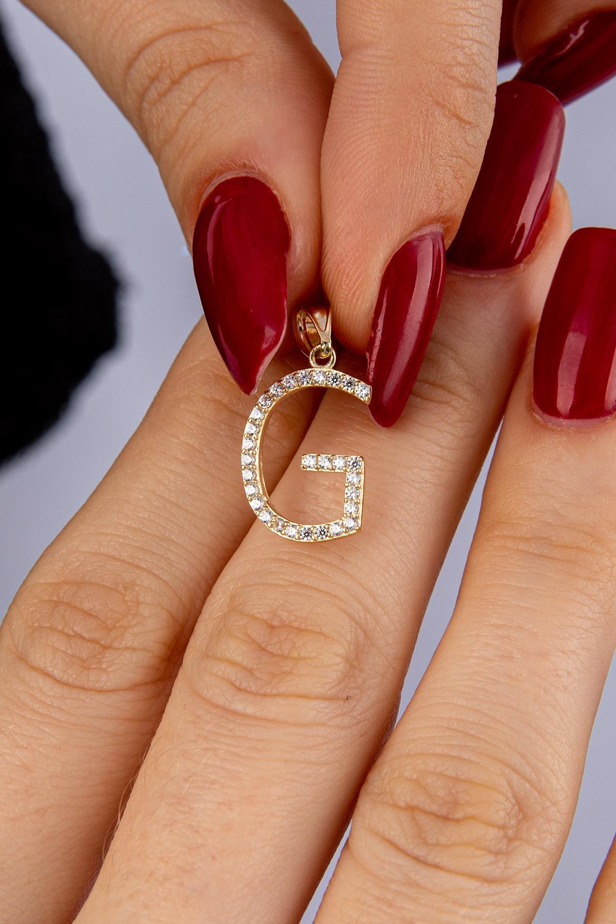 14 Ayar Altın Taşlı G Harf Kolye Ucu - Fiyonk Kuyumculuk