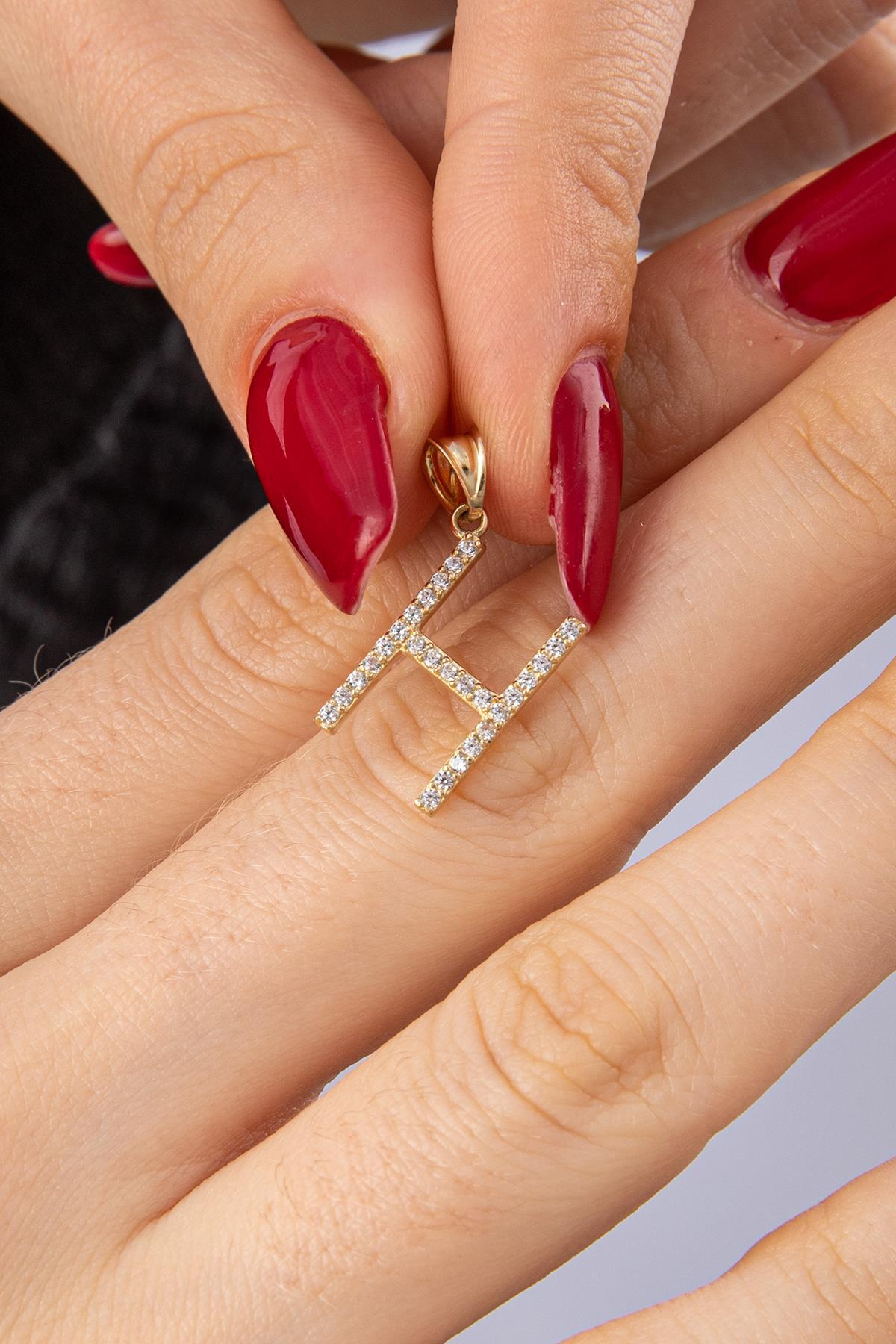 14 Ayar Altın Taşlı H Harf Kolye Ucu - Fiyonk Kuyumculuk