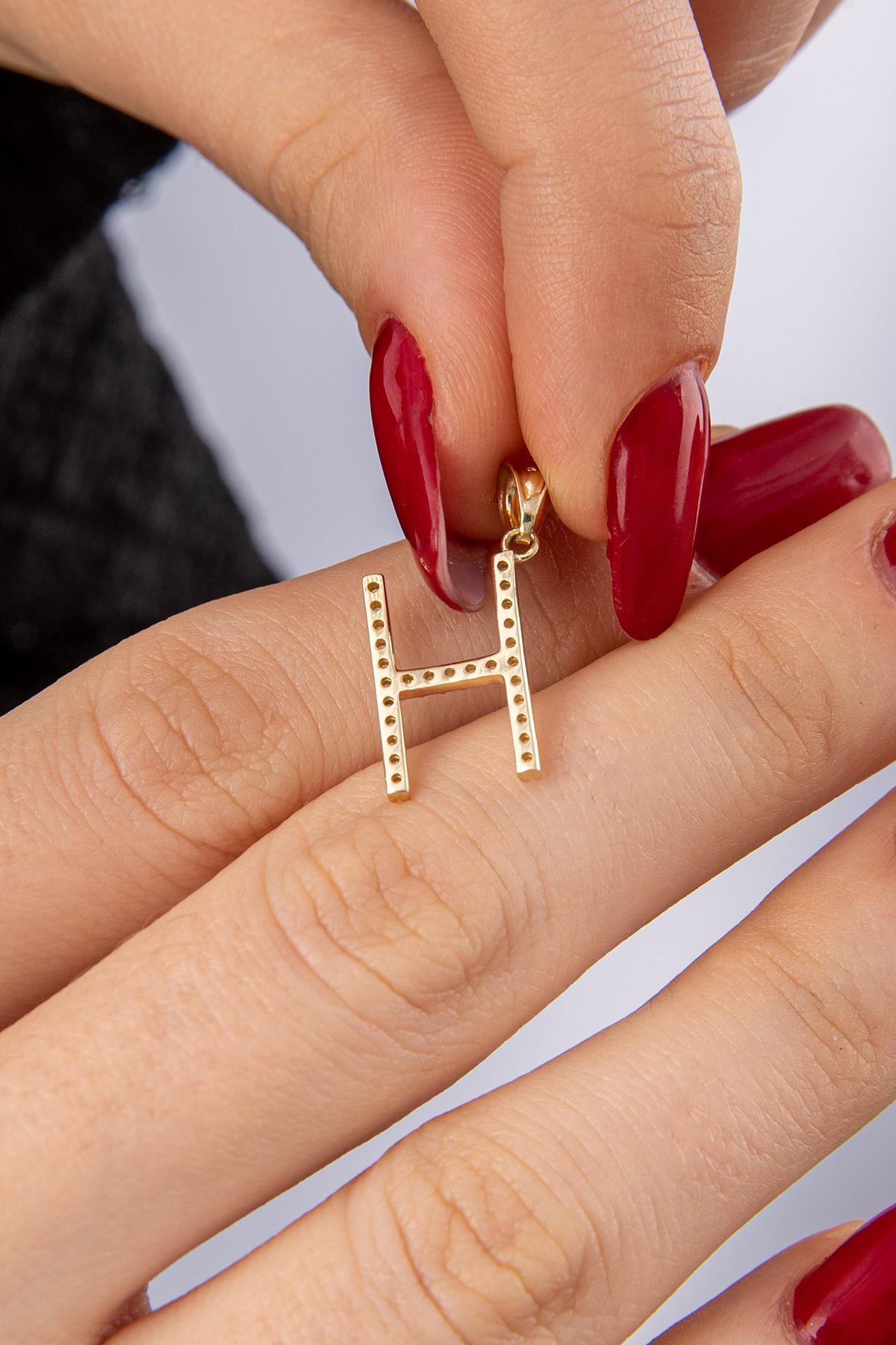 14 Ayar Altın Taşlı H Harf Kolye Ucu - Fiyonk Kuyumculuk (1)