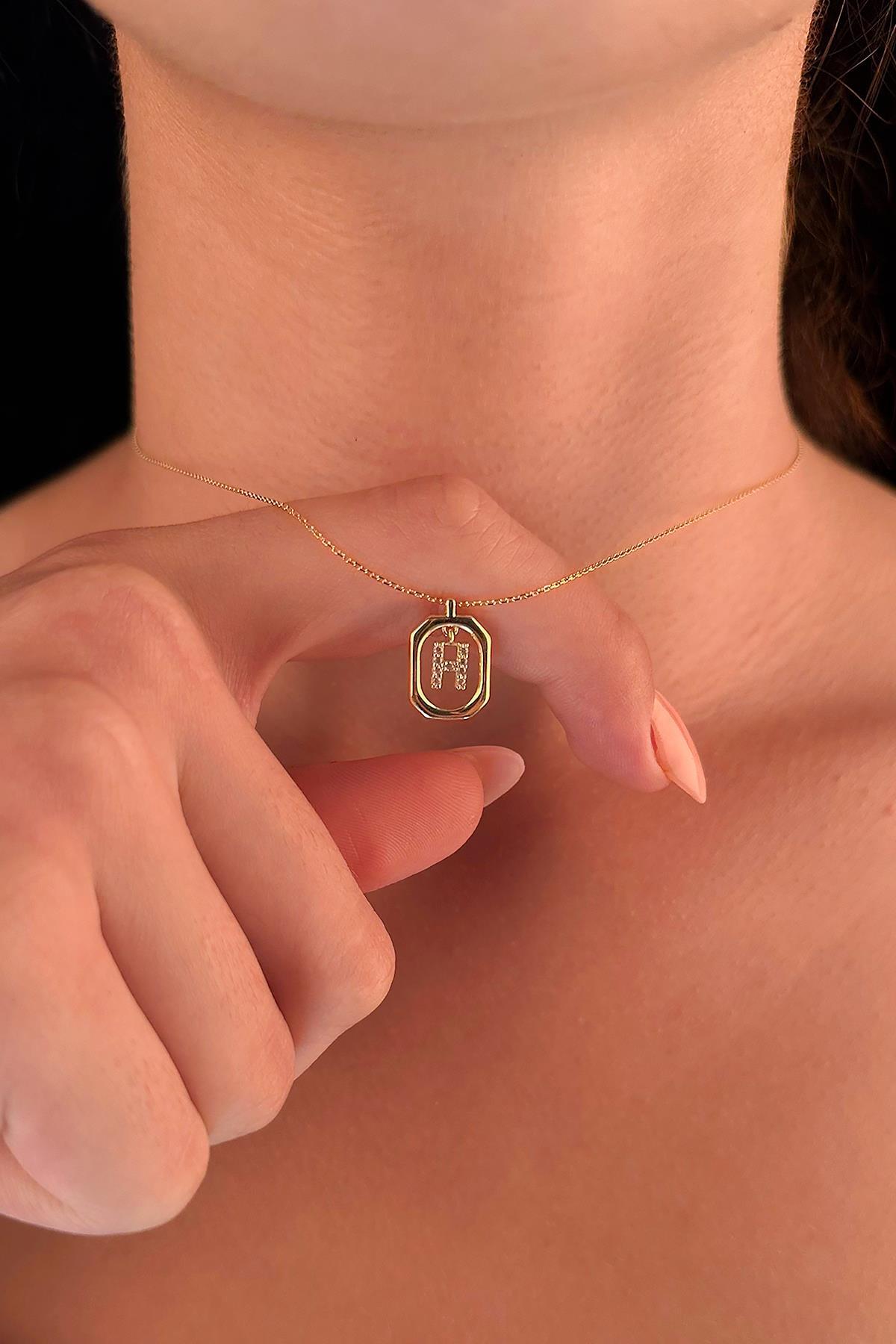 14 Ayar Altın Taşlı H Harfli Kolye - Fiyonk Kuyumculuk (1)