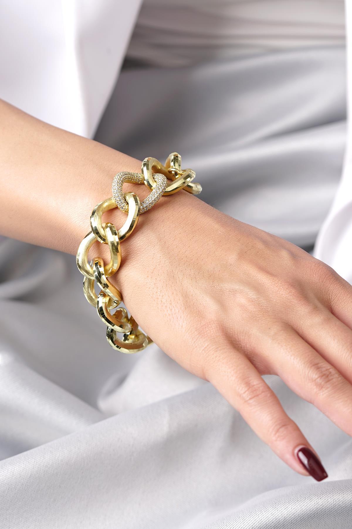 14 Ayar Altın Taşlı Halka Gurmet Zincir Bileklik - Fiyonk Kuyumculuk