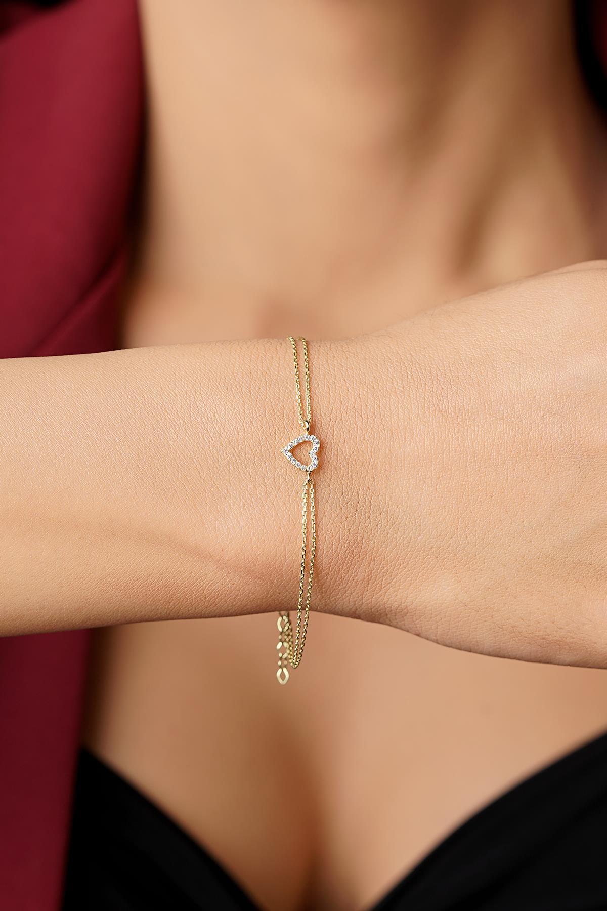 14 Ayar Altın Taşlı Kalpli Aşk Bileklik - Fiyonk Kuyumculuk