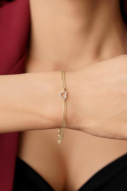 14 Ayar Altın Taşlı Kalpli Aşk Bileklik - Fiyonk Kuyumculuk