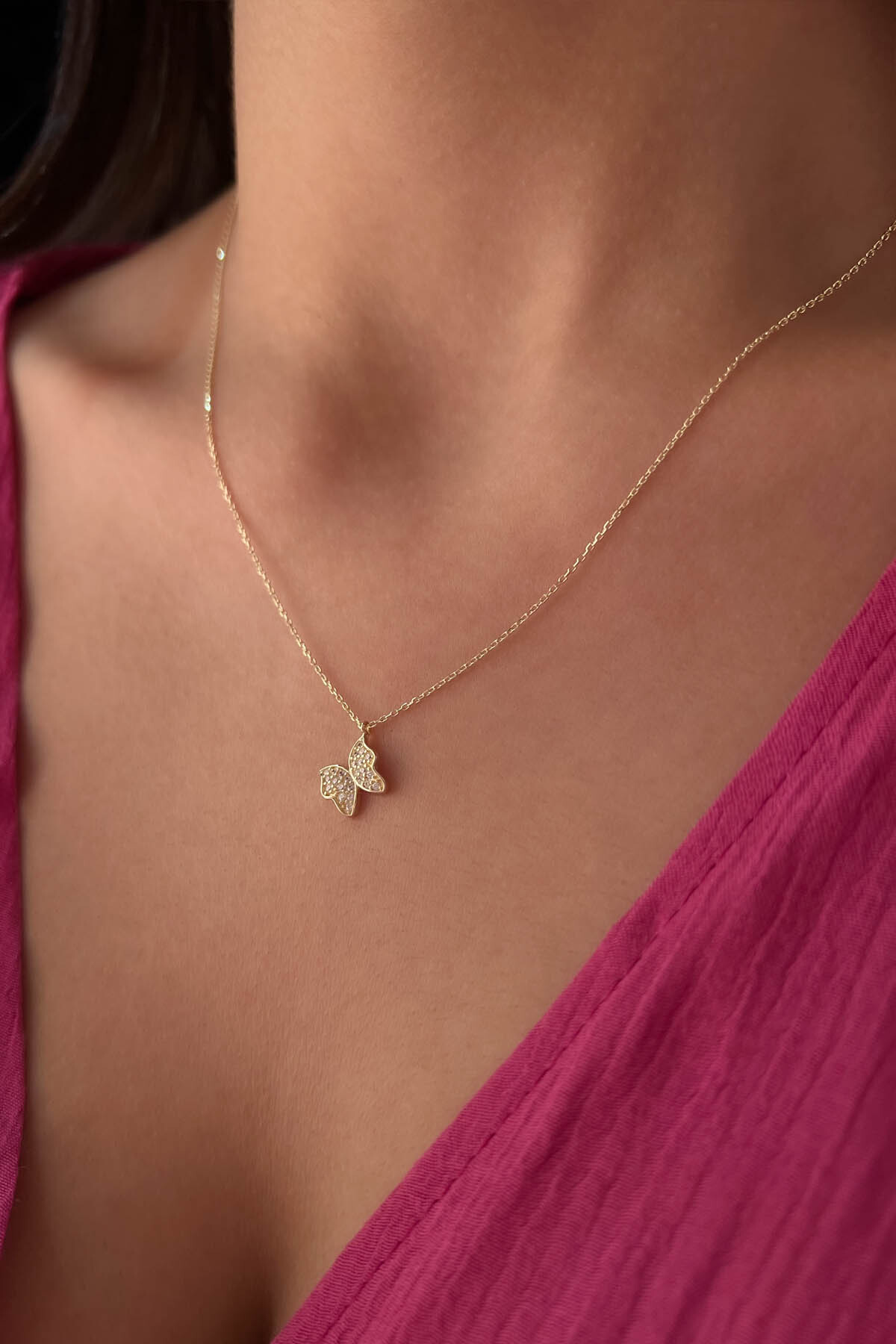 14 Ayar Altın Taşlı Kelebek Kolye - Fiyonk Kuyumculuk