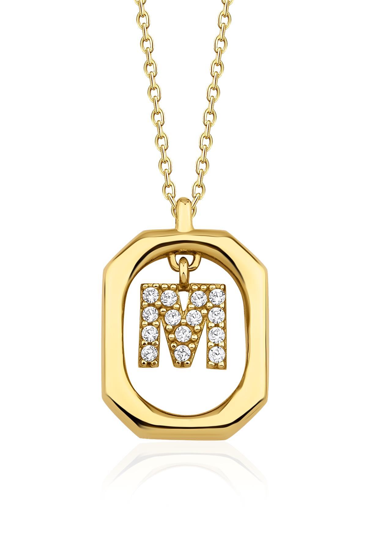 14 Ayar Altın Taşlı M Harfli Kolye - Fiyonk Kuyumculuk