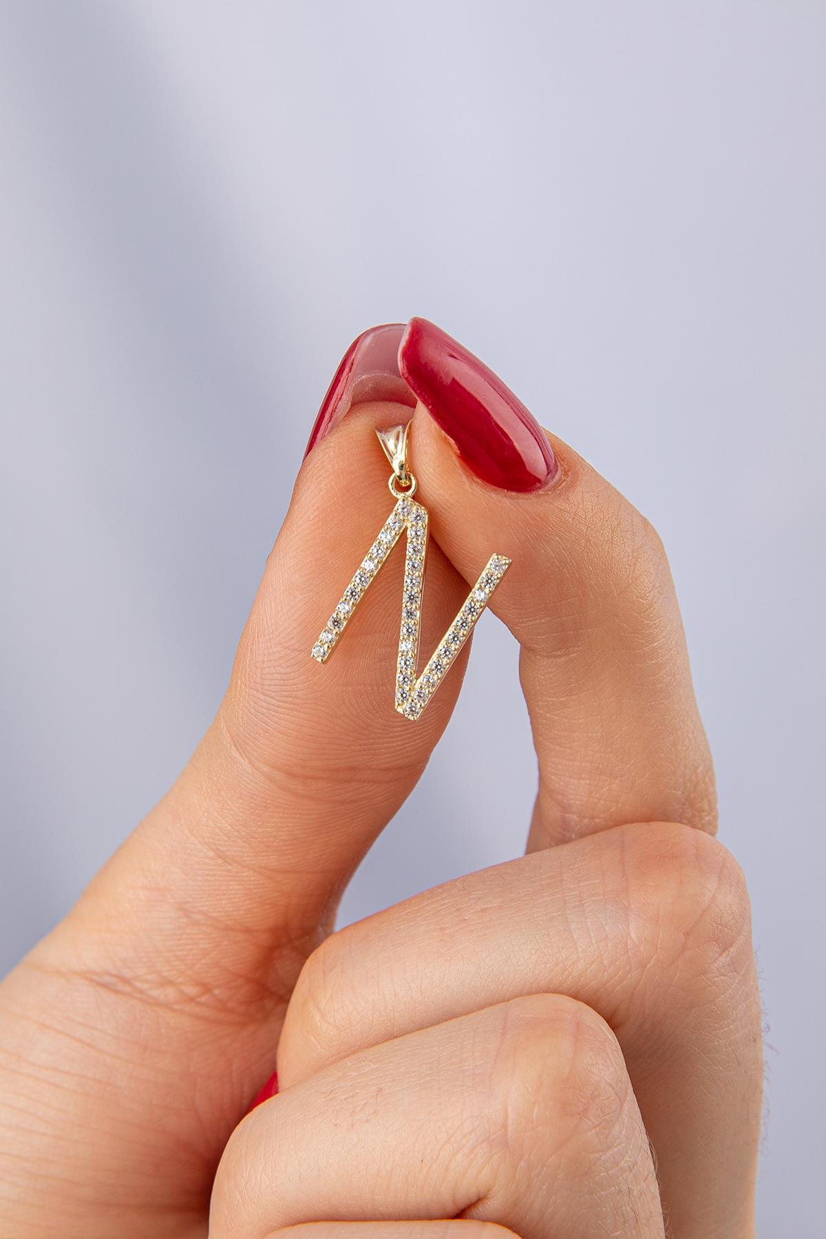 14 Ayar Altın Taşlı N Harf Kolye Ucu - Fiyonk Kuyumculuk