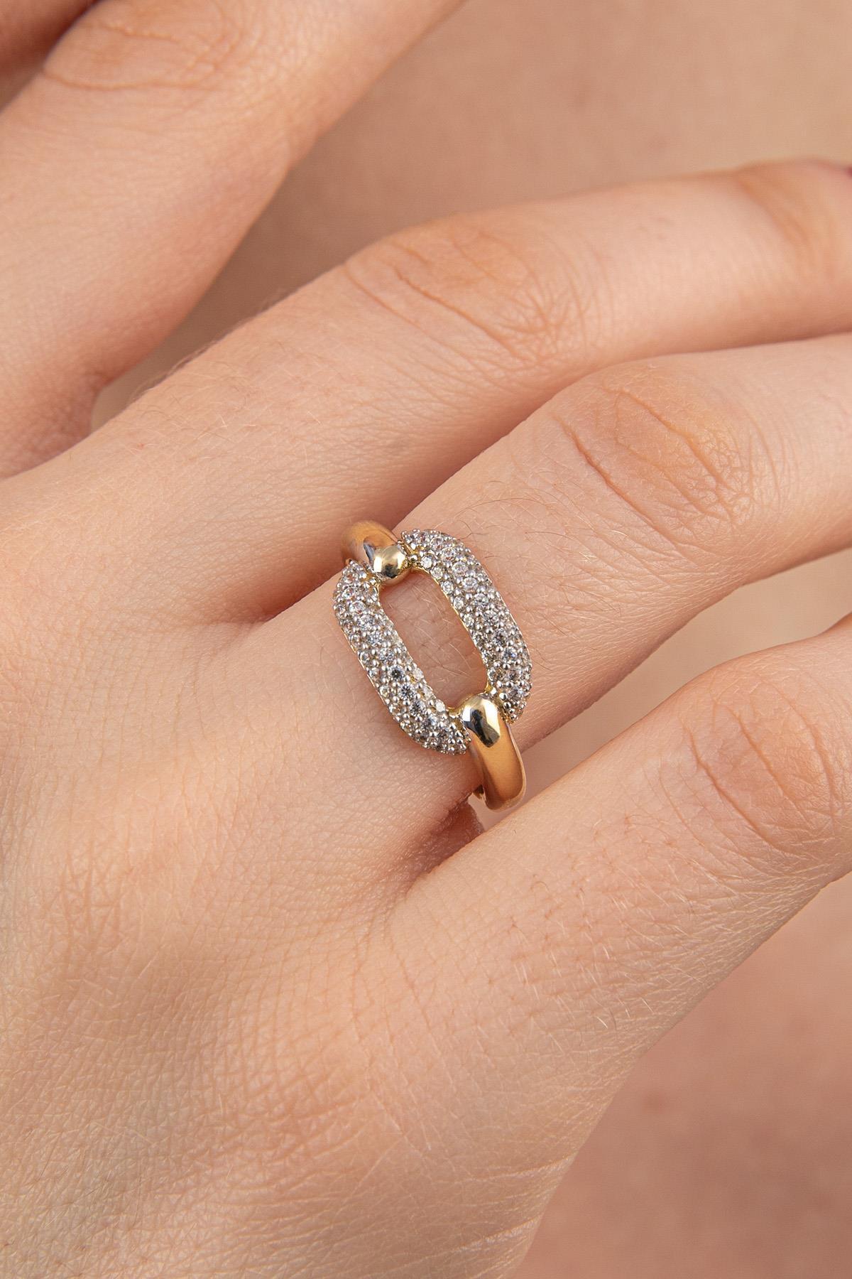 14 Ayar Altın Taşlı Oval Dikdörtgen Yüzük - Fiyonk Kuyumculuk