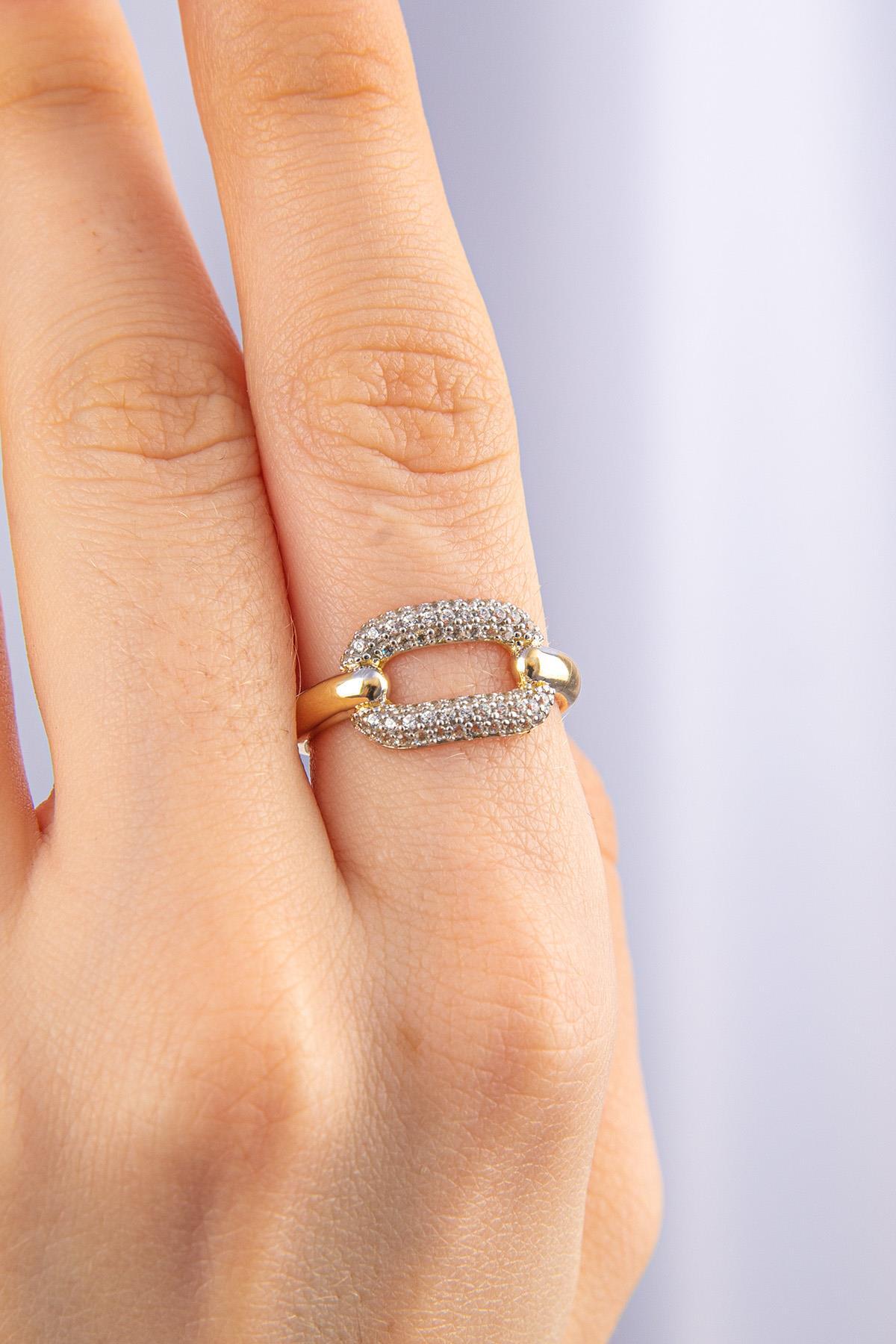 14 Ayar Altın Taşlı Oval Dikdörtgen Yüzük - Fiyonk Kuyumculuk (1)