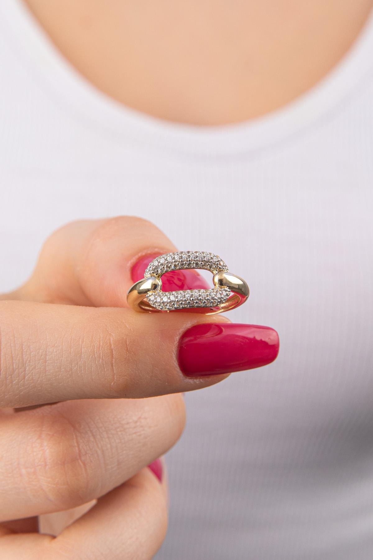 14 Ayar Altın Taşlı Oval Dikdörtgen Yüzük - Fiyonk Kuyumculuk (1)