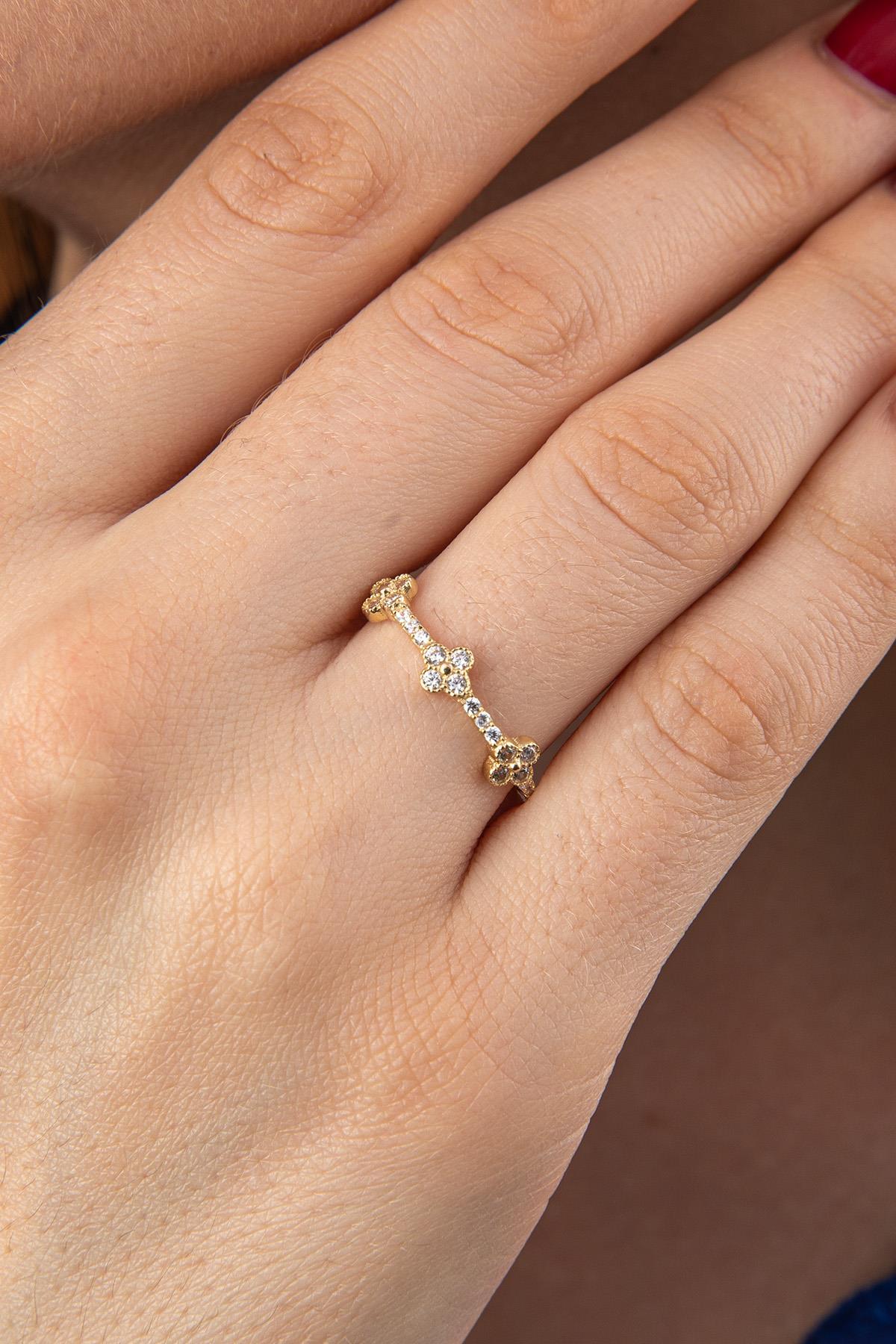 14 Ayar Altın Taşlı Papatya Yüzük - Fiyonk Kuyumculuk