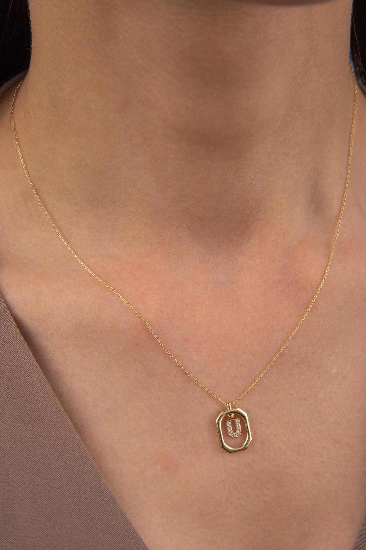 14 Ayar Altın Taşlı U Harf Kolye - Fiyonk Kuyumculuk (1)