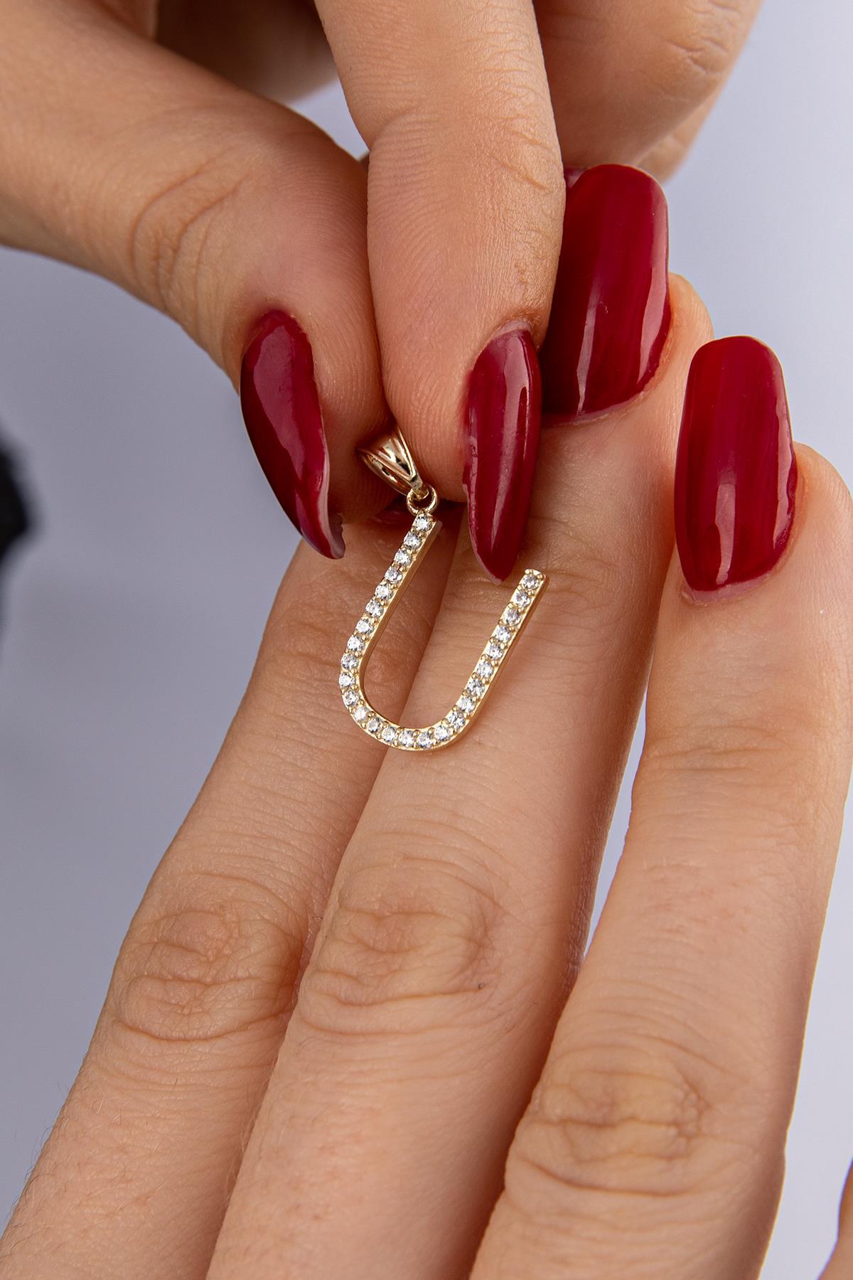 14 Ayar Altın Taşlı U Harf Kolye Ucu - Fiyonk Kuyumculuk