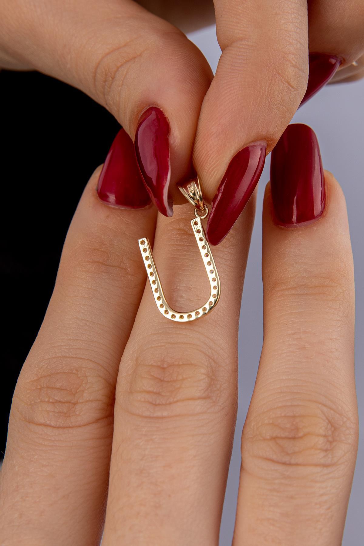 14 Ayar Altın Taşlı U Harf Kolye Ucu - Fiyonk Kuyumculuk (1)