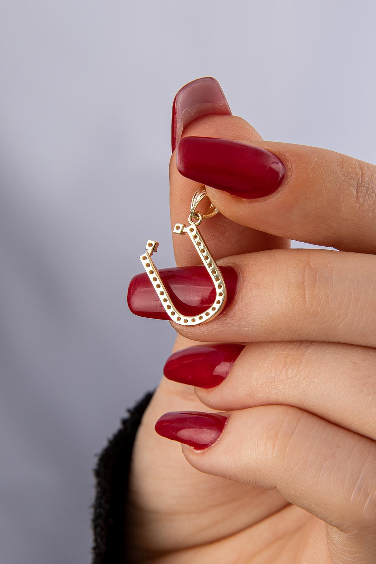 14 Ayar Altın Taşlı Ü Harf Kolye Ucu - Fiyonk Kuyumculuk (1)