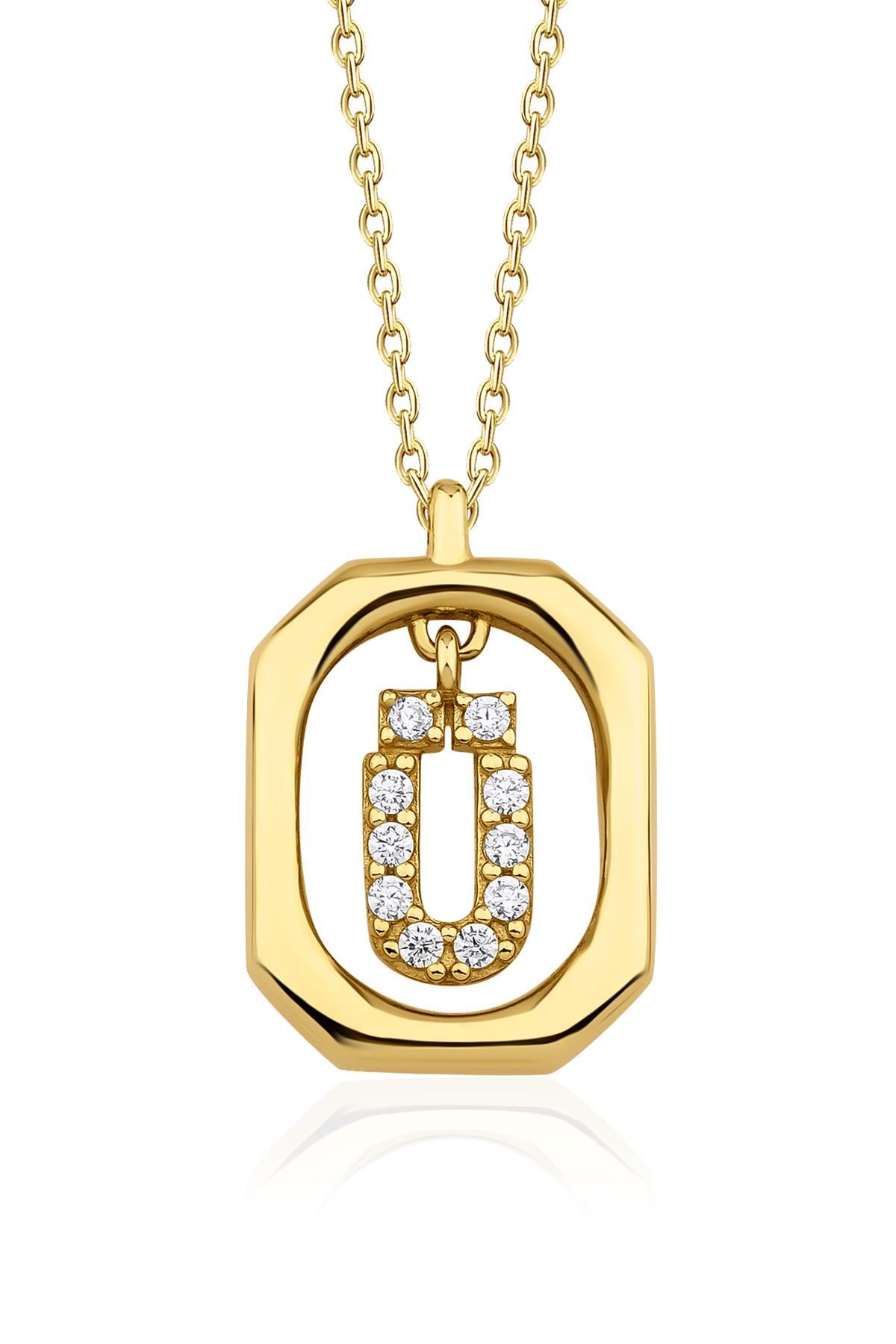 14 Ayar Altın Taşlı Ü Harfli Kolye - Fiyonk Kuyumculuk