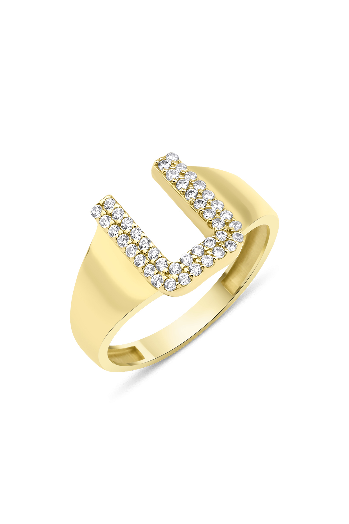 14 Ayar Altın Taşlı U Harfli Yüzük - Fiyonk Kuyumculuk