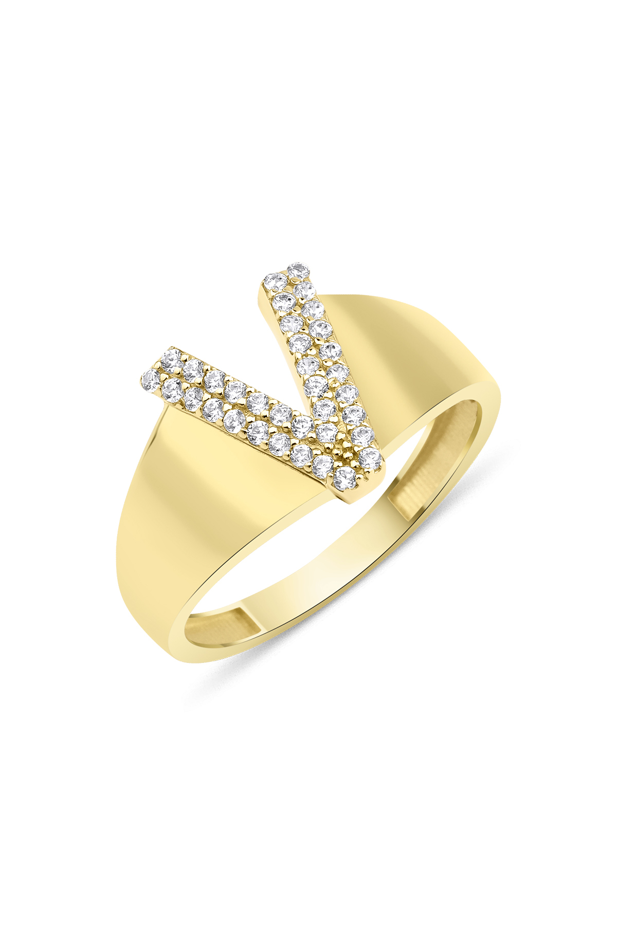 14 Ayar Altın Taşlı V Harfli Yüzük - Fiyonk Kuyumculuk