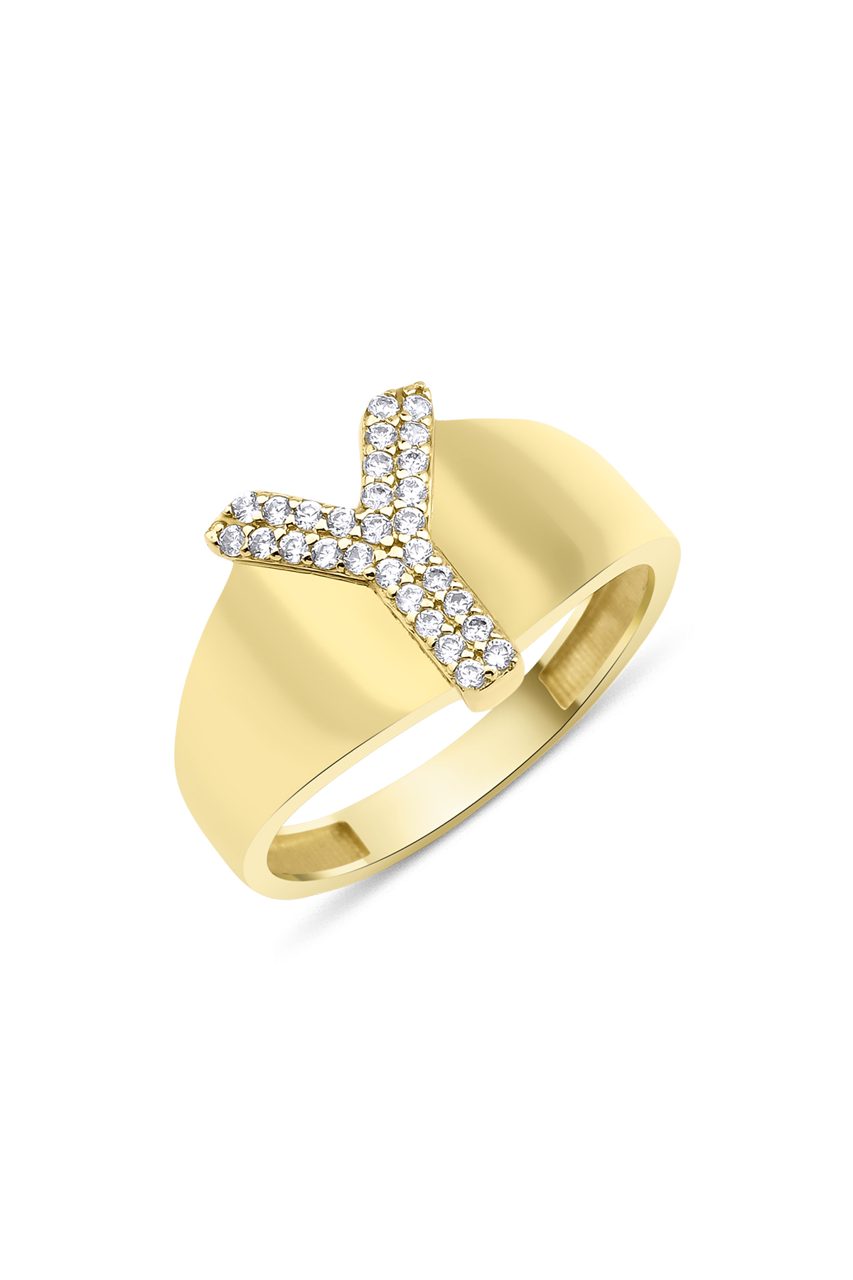 14 Ayar Altın Taşlı Y Harfli Yüzük - Fiyonk Kuyumculuk