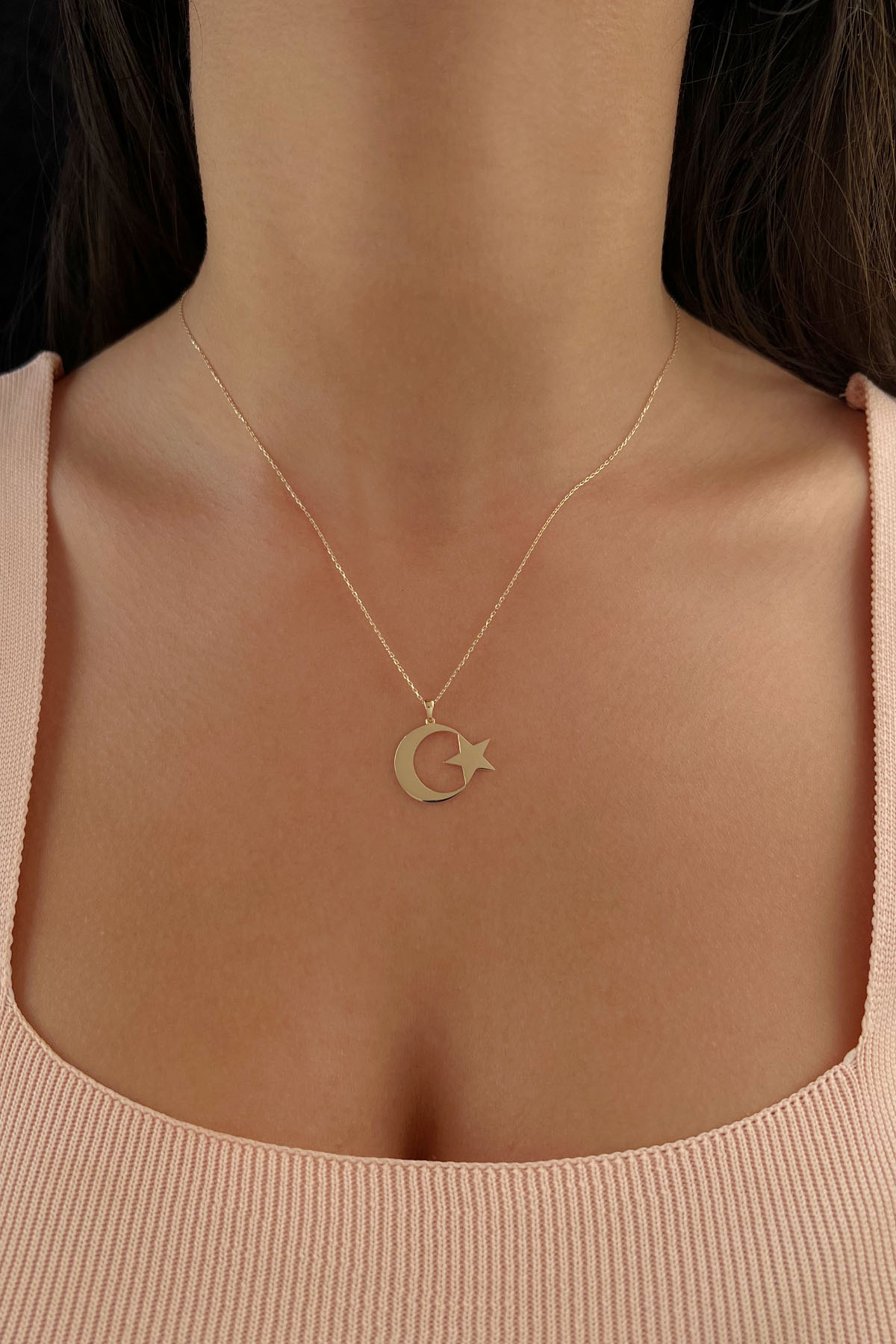 14 Ayar Altın Taşsız Ay Yıldız Kolye - Fiyonk Kuyumculuk (1)