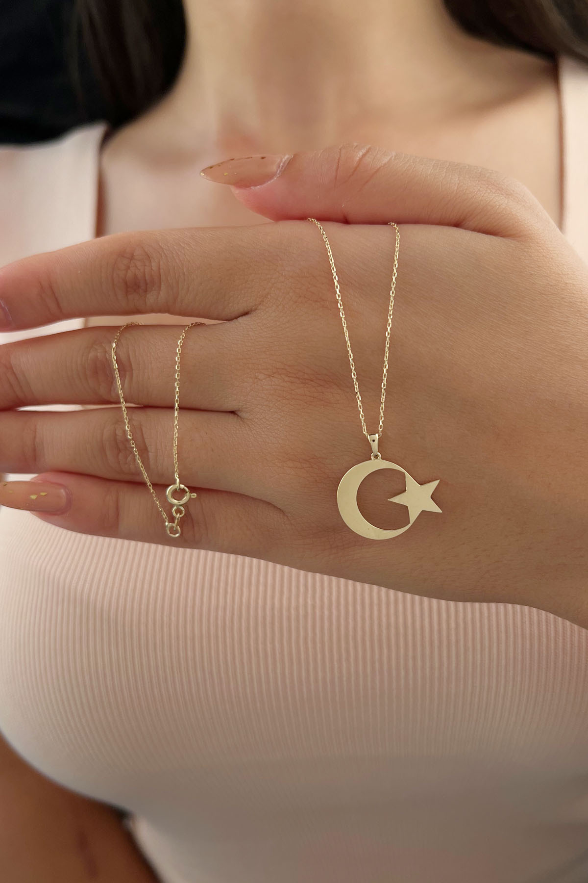 14 Ayar Altın Taşsız Ay Yıldız Kolye - Fiyonk Kuyumculuk (1)