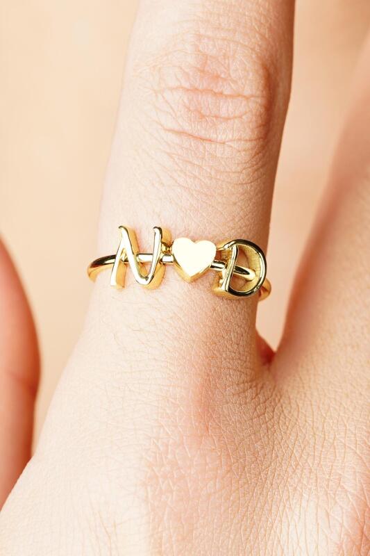 14 Ayar Altın Taşsız Kalpli Kişiye Özel Tasarım Harfli Yüzük - Fiyonk Kuyumculuk