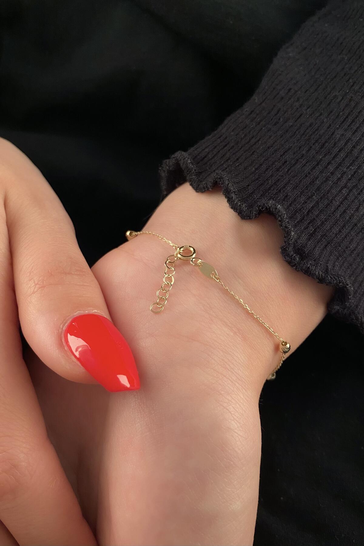 14 Ayar Altın Tek Sıra Zincirli Dorika Top Detaylı Bileklik - Fiyonk Kuyumculuk (1)