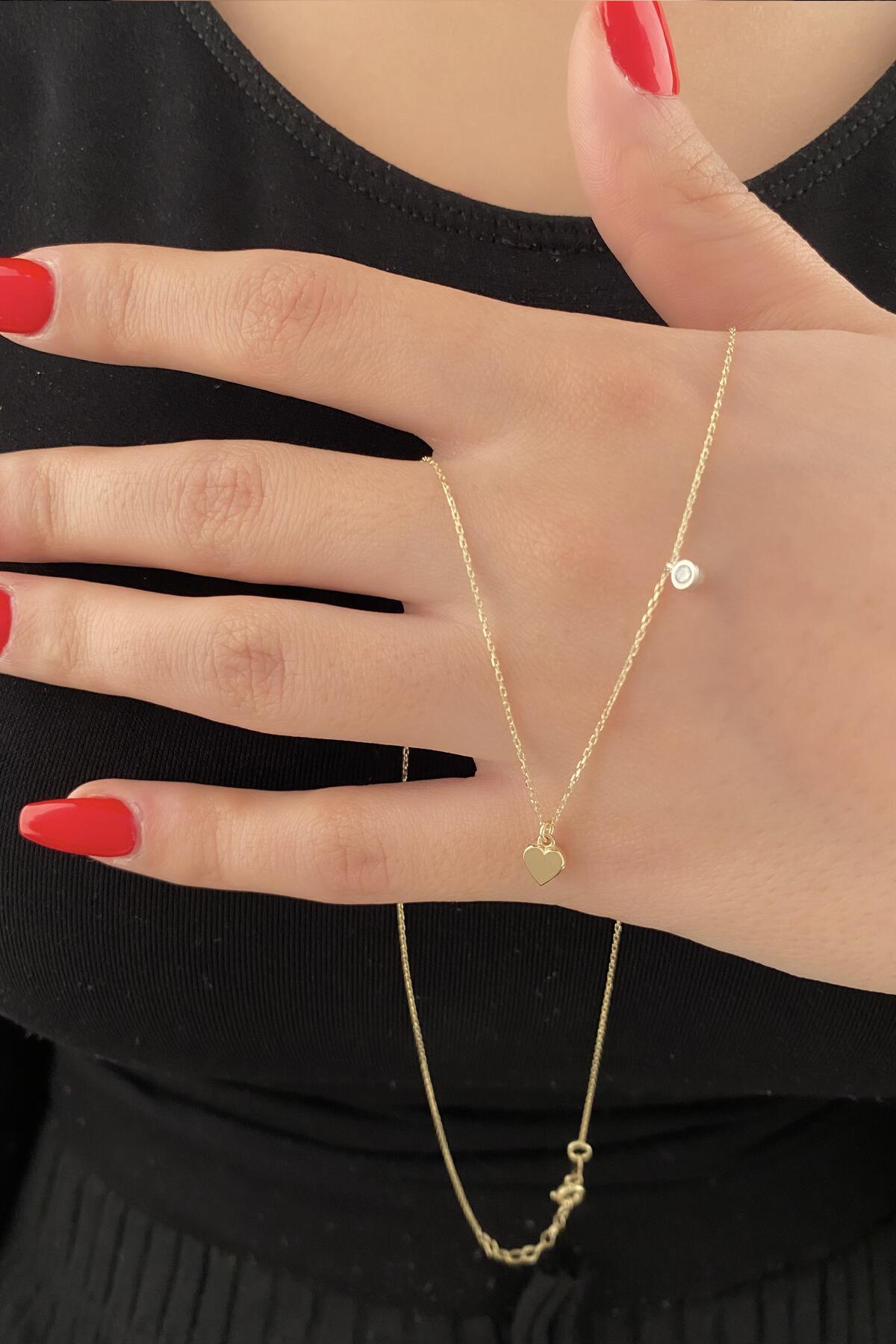 14 Ayar Altın Tektaş Detaylı Kalp Kolye - Fiyonk Kuyumculuk (1)