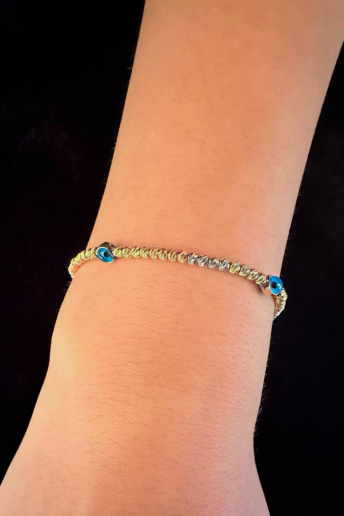 14 Ayar Altın Üç Göz Detaylı Renkli Dorika Dizisi Bileklik - Fiyonk Kuyumculuk