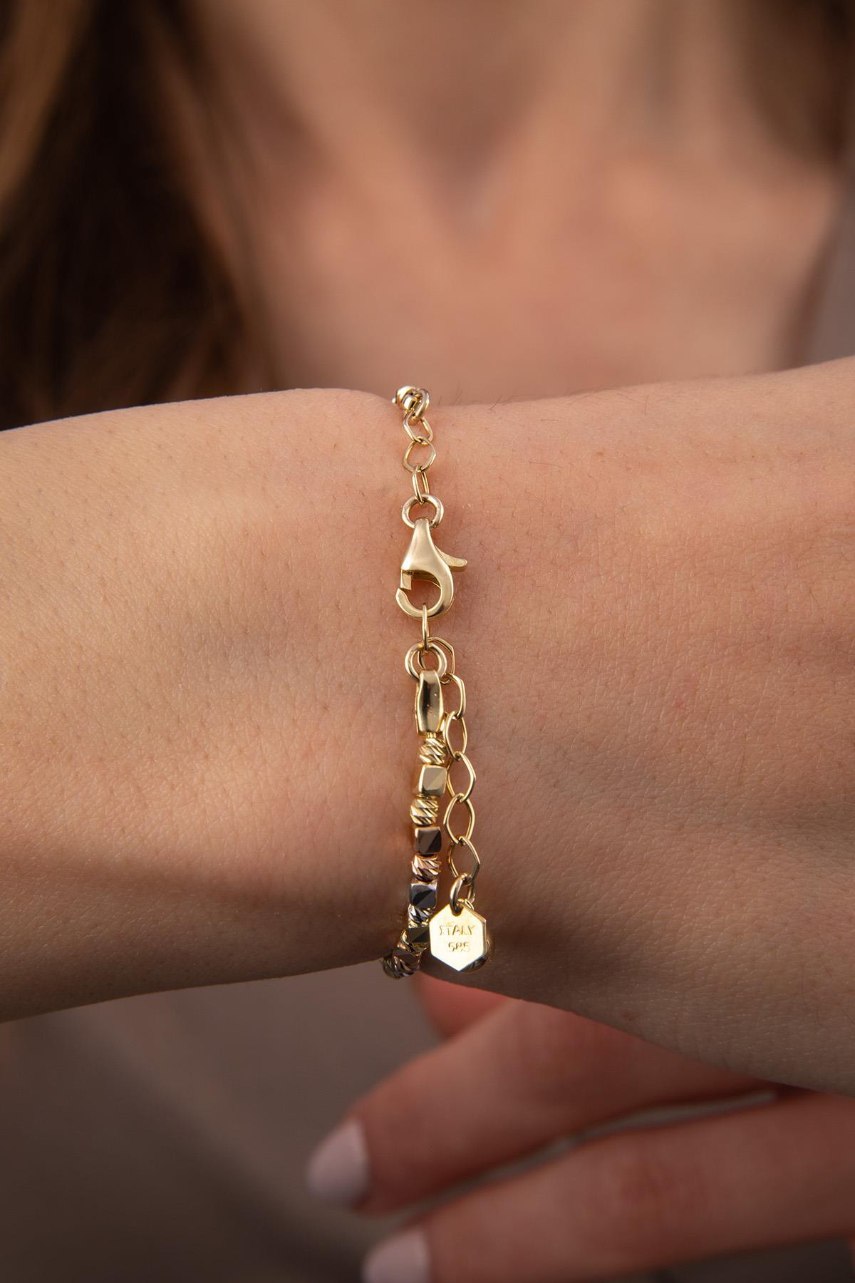 14 Ayar Altın Üç Renkli Dorika Top Detaylı Küp Bileklik - Fiyonk Kuyumculuk (1)