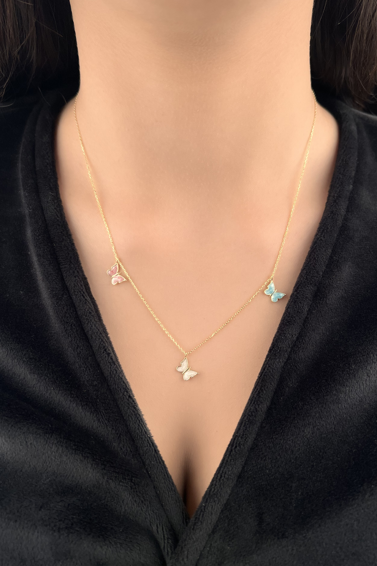 14 Ayar Altın Üç Renkli Kelebek Kolye - Fiyonk Kuyumculuk