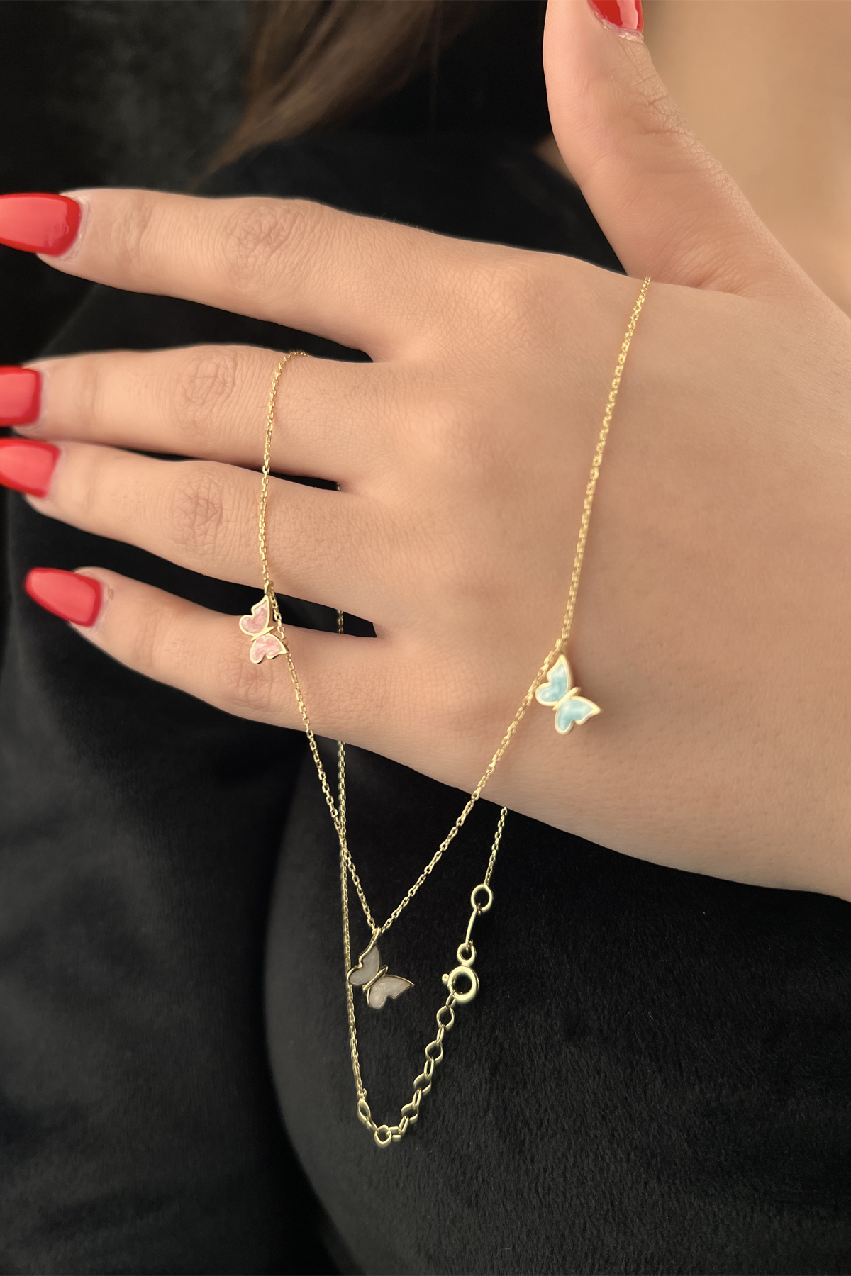 14 Ayar Altın Üç Renkli Kelebek Kolye - Fiyonk Kuyumculuk (1)