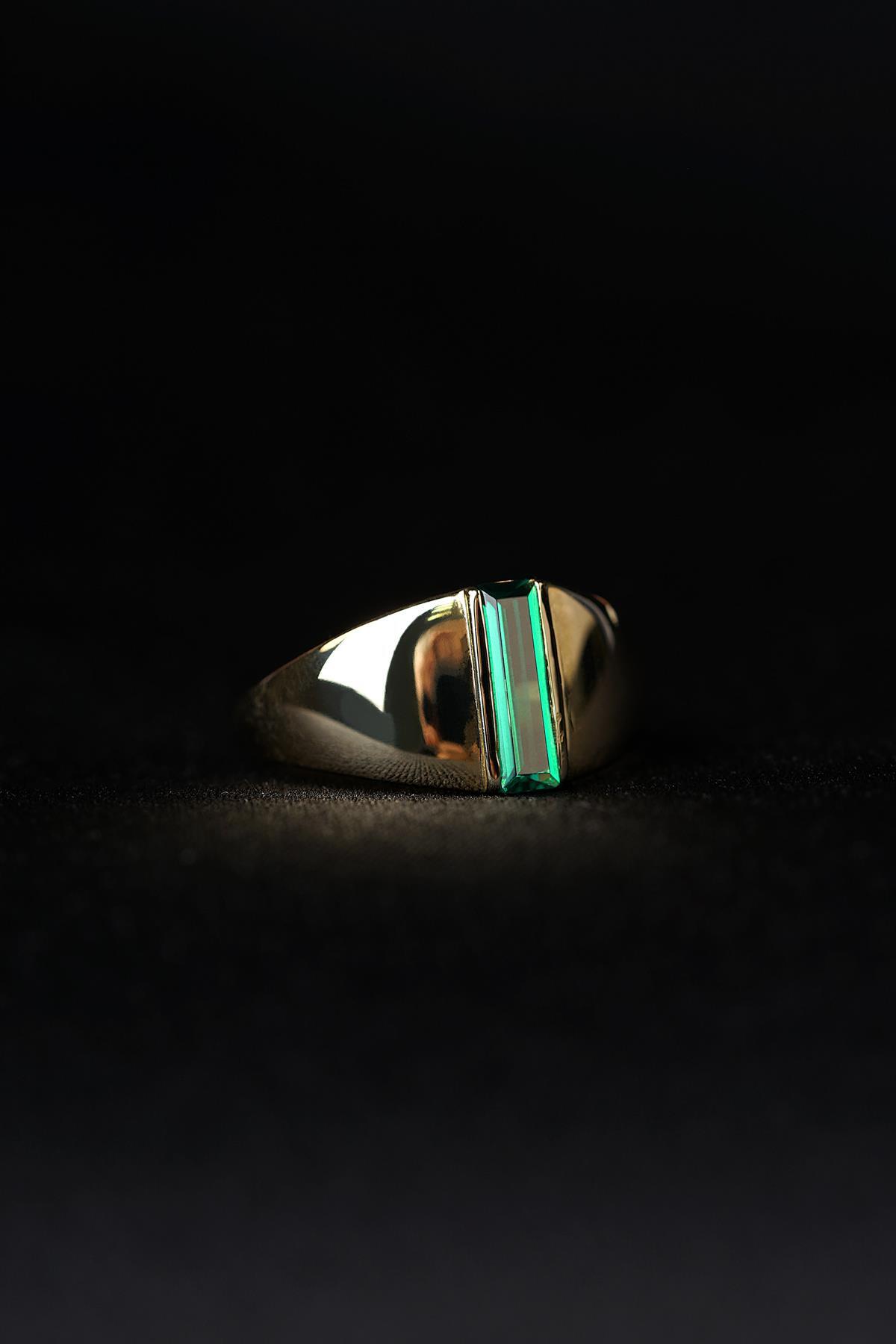 14 Ayar Altın Yeşil Baget Taşlı Erkek Yüzük - Fiyonk Kuyumculuk (1)