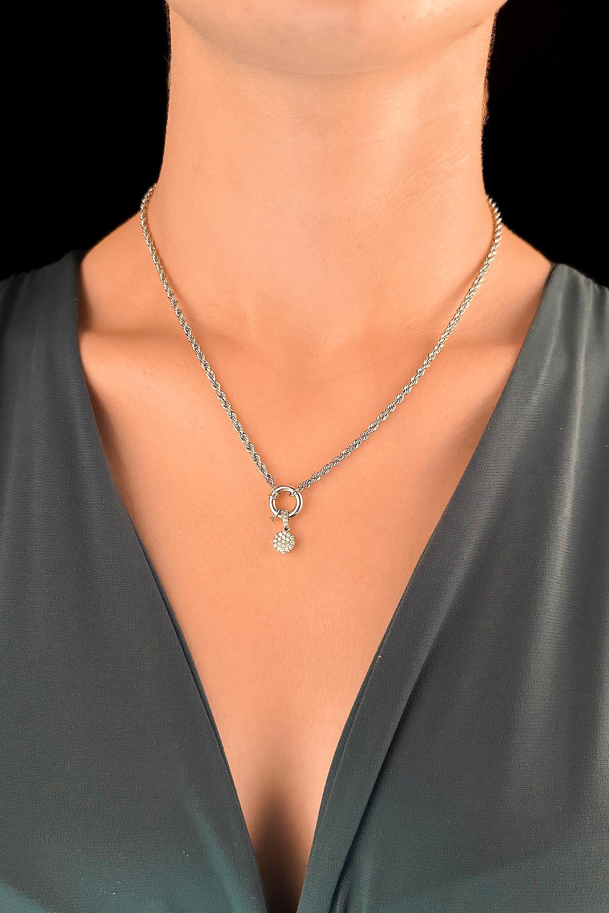 14 Ayar Altın Yuvarlak Baget Taşlı Burgu Halat Kolye - Fiyonk Kuyumculuk