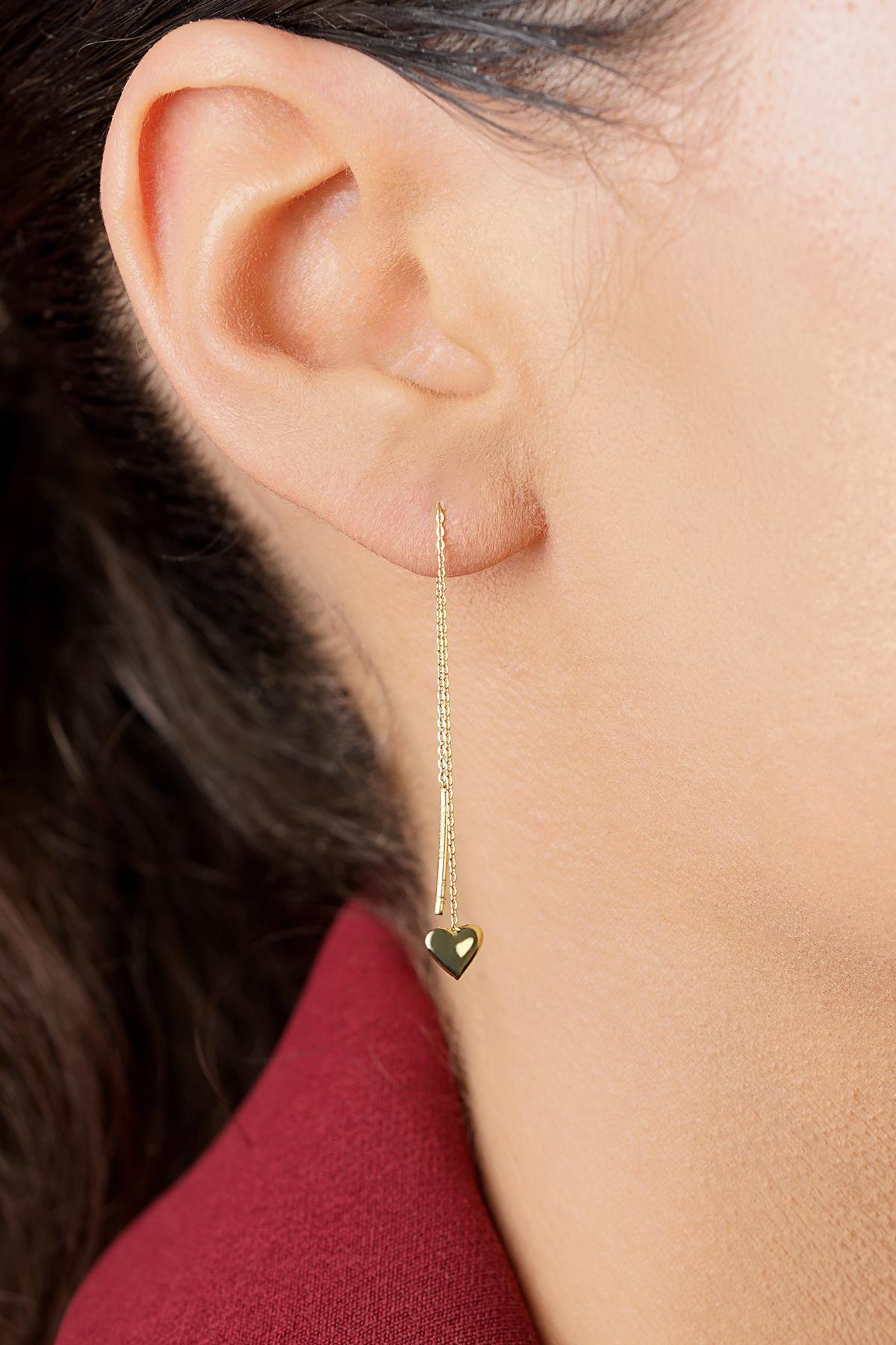 14 Ayar Altın Zincirli Kalpli Küpe - Fiyonk Kuyumculuk