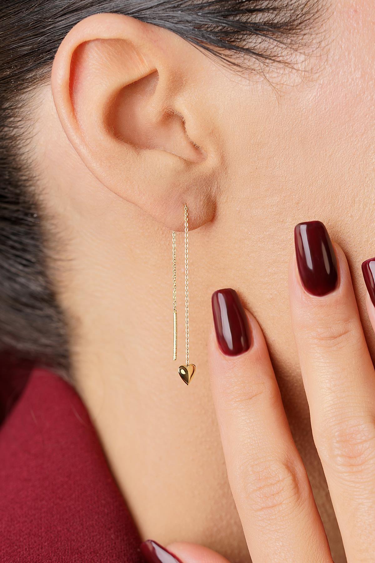 14 Ayar Altın Zincirli Kalpli Küpe (Tekli) - Fiyonk Kuyumculuk (1)