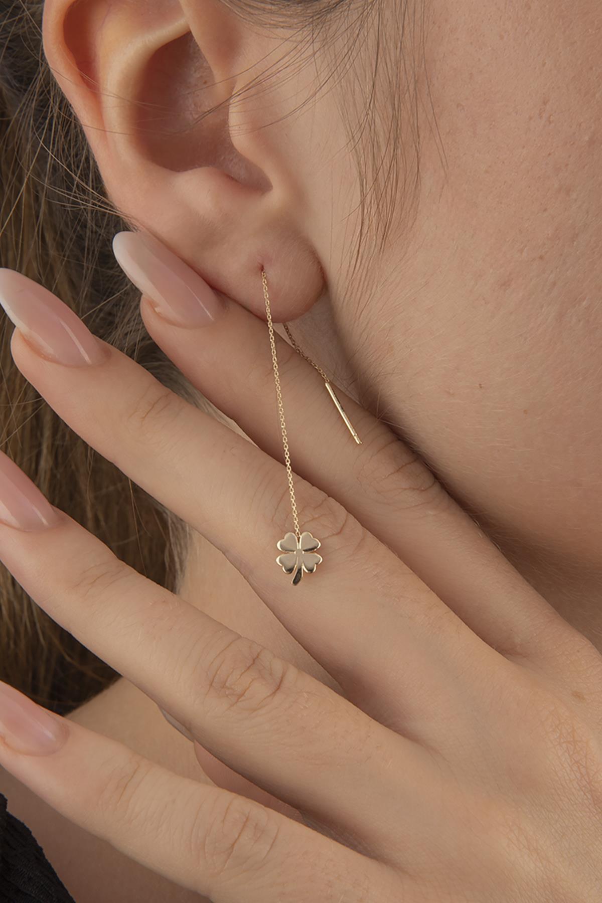 14 Ayar Altın Zincirli Yonca Küpe - Fiyonk Kuyumculuk (1)